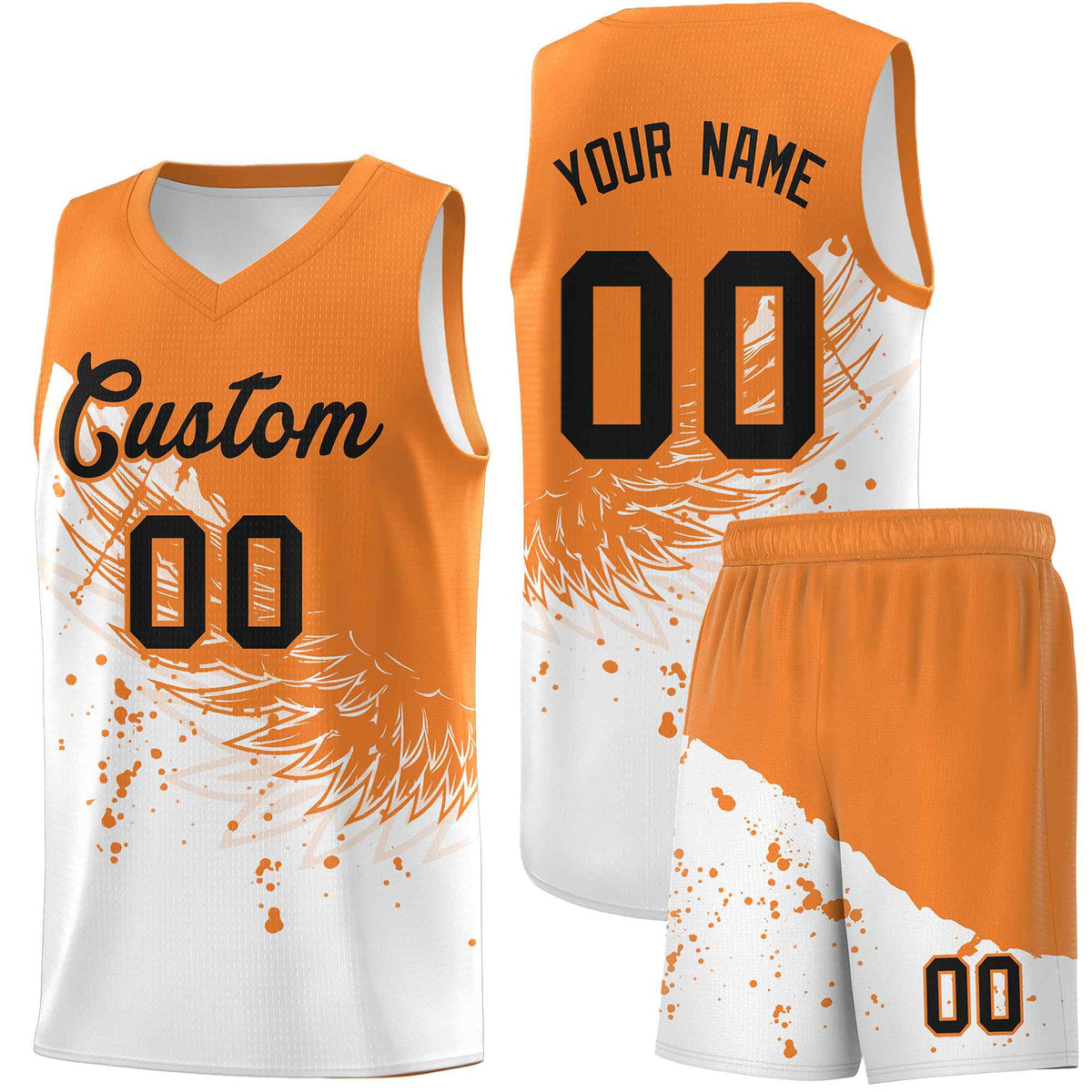Custom White Gold Orange Wing Pattern Sports Uniform Basketball Jersey