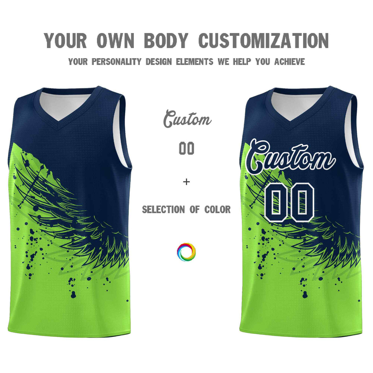 Custom Fluorescent Green Navy Wing Pattern Sports Uniform Basketball Jersey