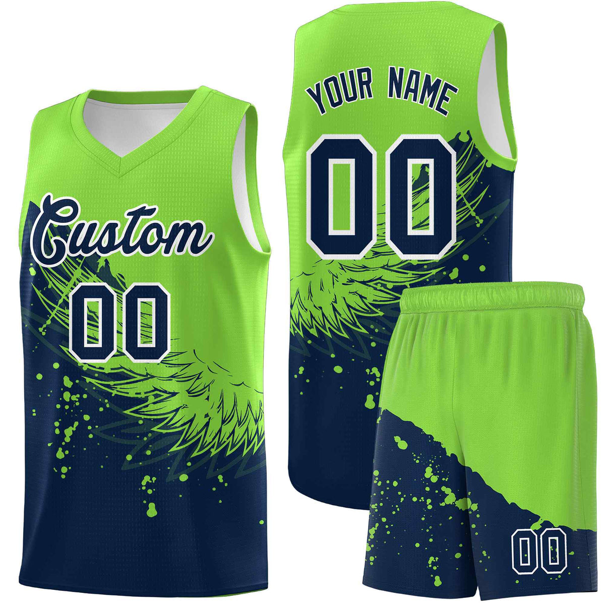 Custom Navy Fluorescent Green Wing Pattern Sports Uniform Basketball Jersey