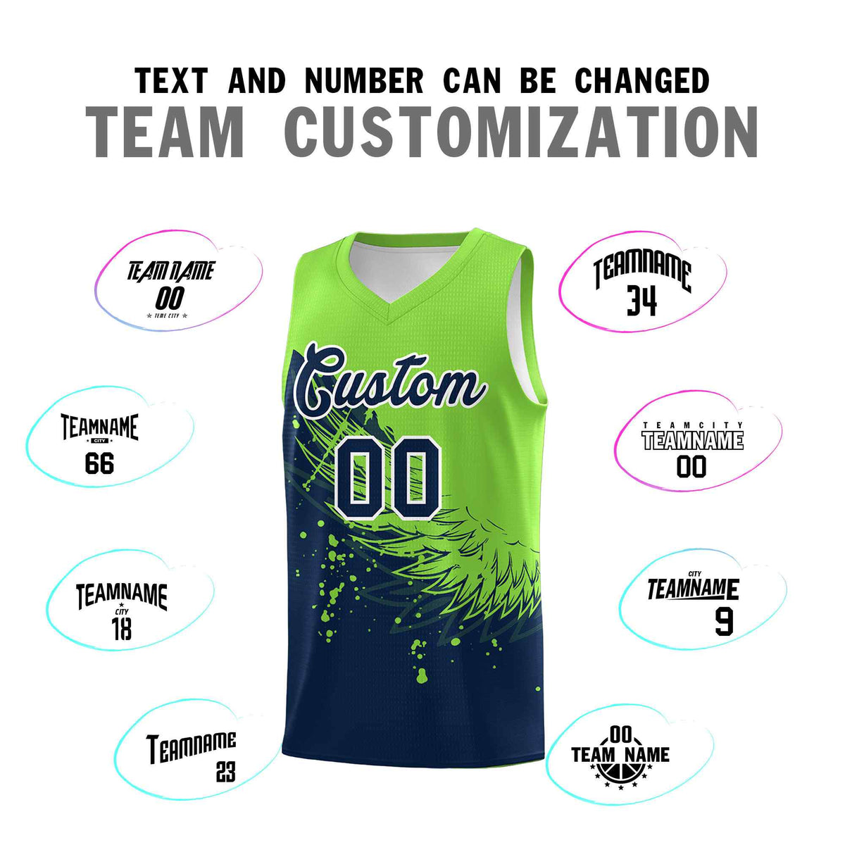 Custom Navy Fluorescent Green Wing Pattern Sports Uniform Basketball Jersey