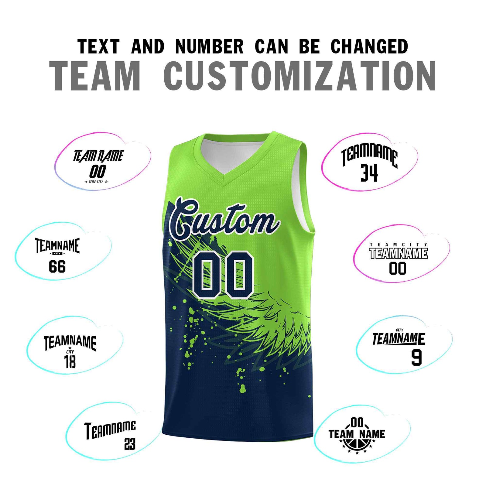 Custom Navy Fluorescent Green Wing Pattern Sports Uniform Basketball Jersey