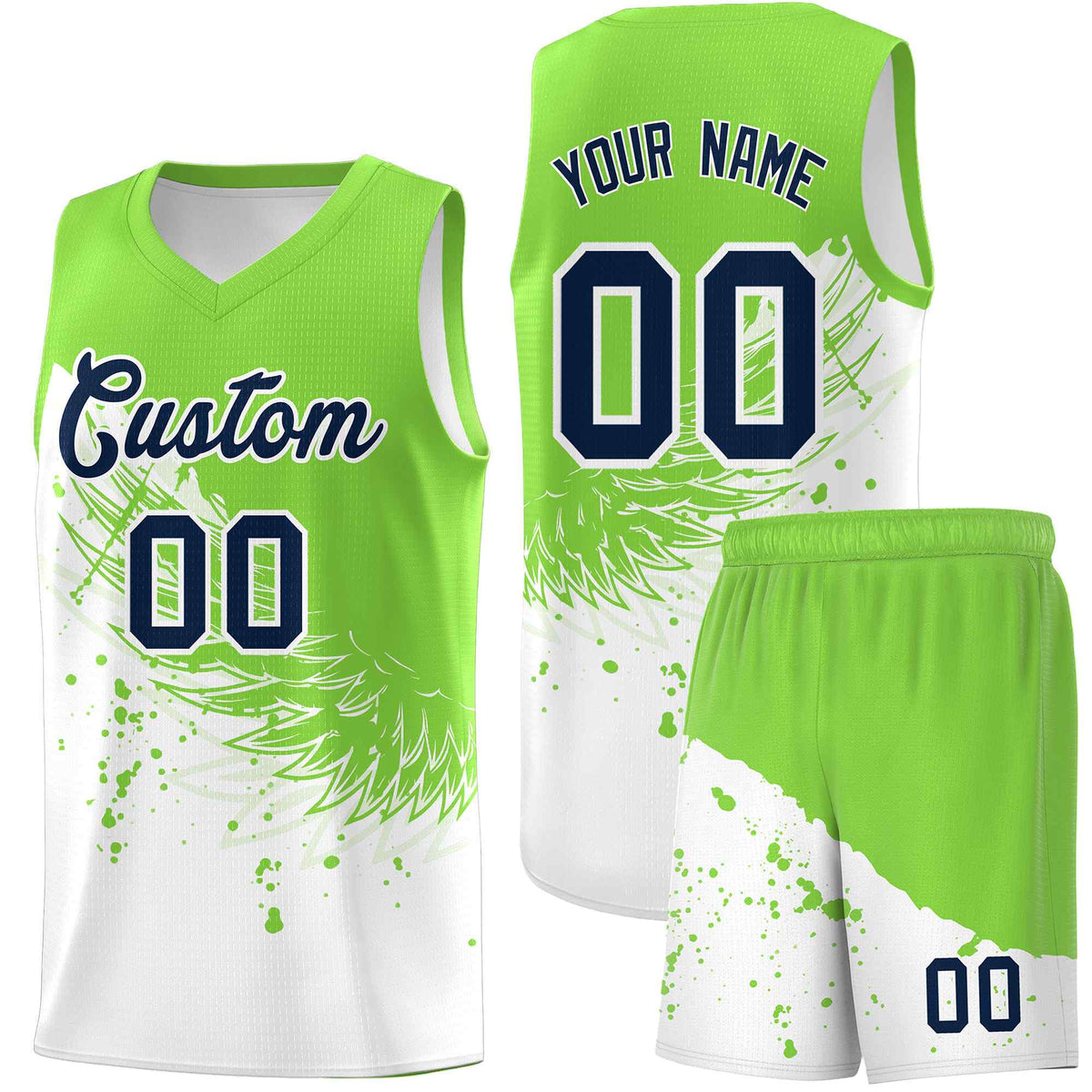 Custom White Fluorescent Green Wing Pattern Sports Uniform Basketball Jersey