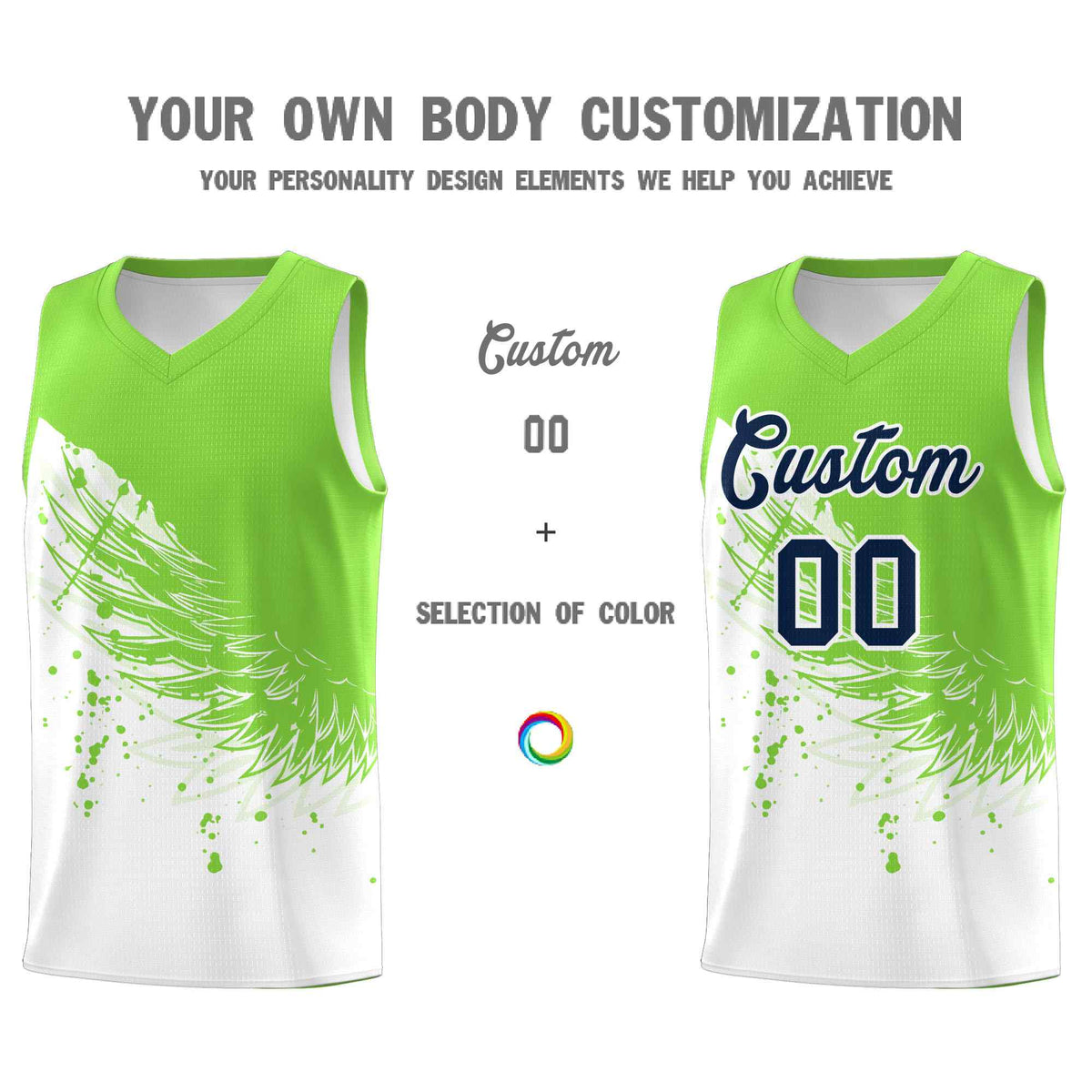 Custom White Fluorescent Green Wing Pattern Sports Uniform Basketball Jersey