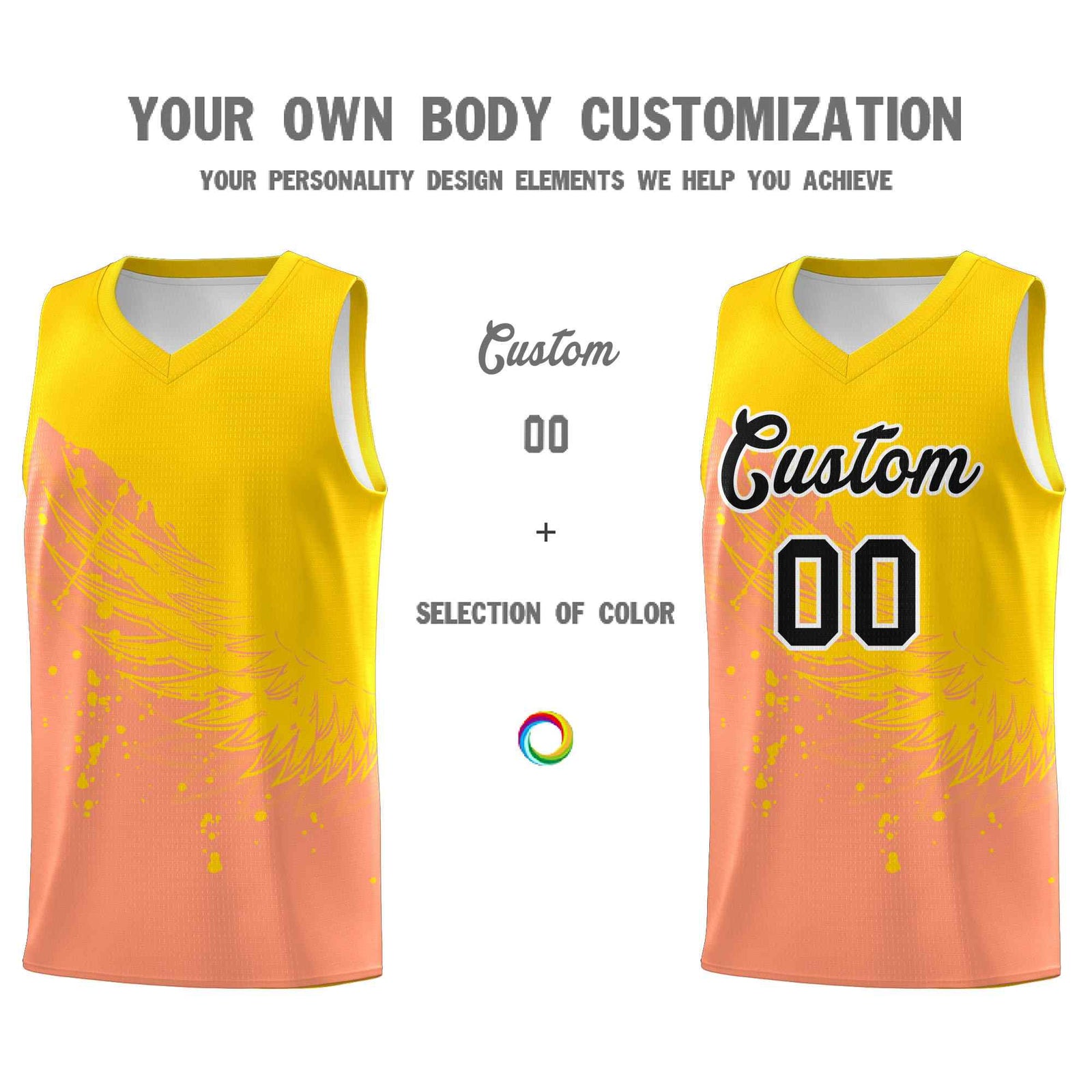 Custom Light Orange Gold Wing Pattern Sports Uniform Basketball Jersey