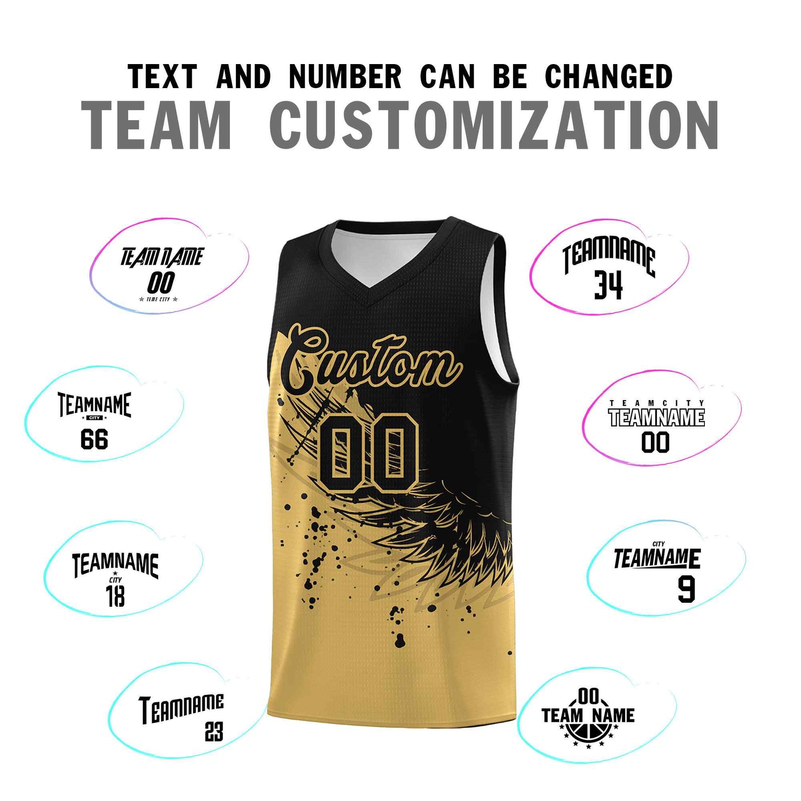 Custom Old Gold Black Wing Pattern Sports Uniform Basketball Jersey