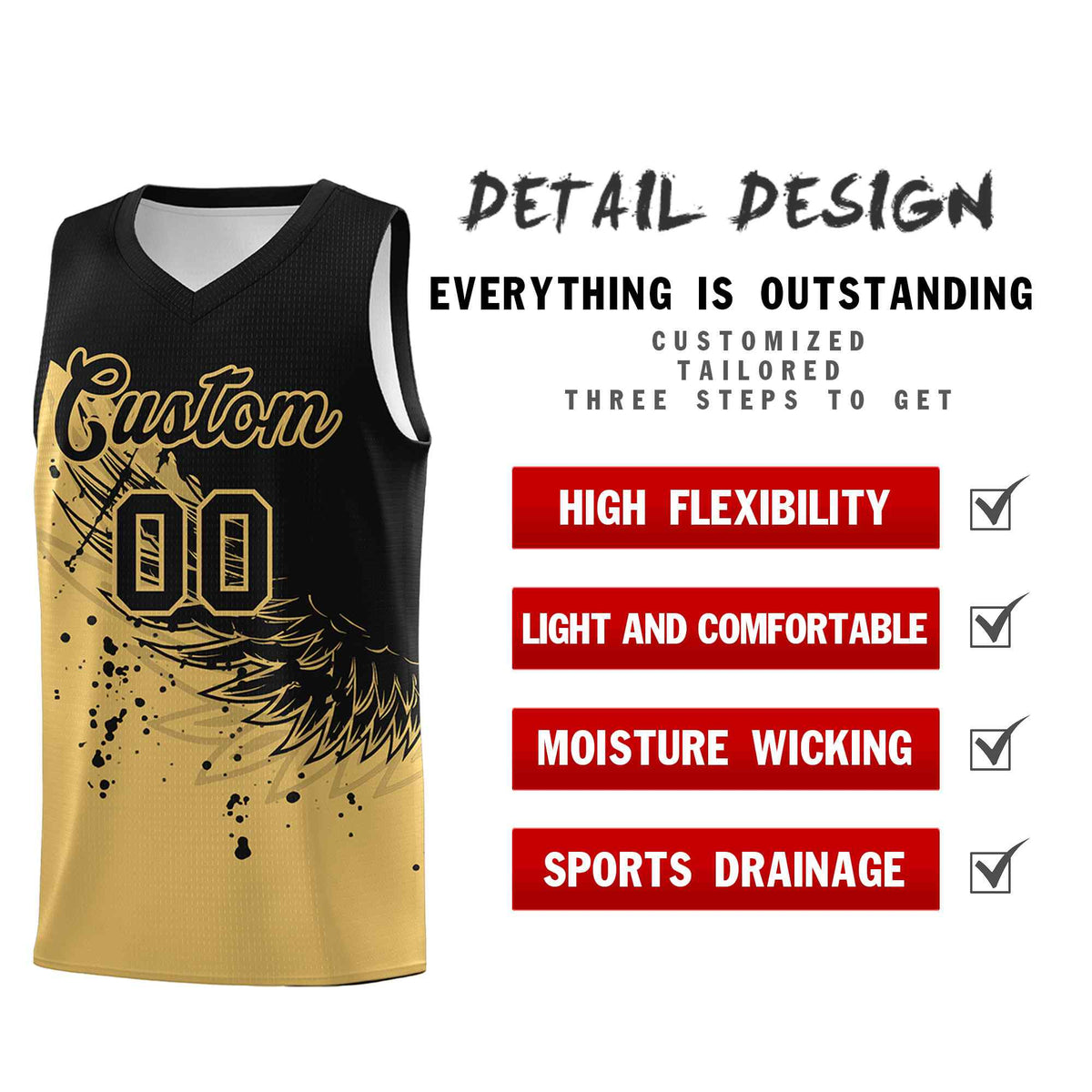 Custom Old Gold Black Wing Pattern Sports Uniform Basketball Jersey