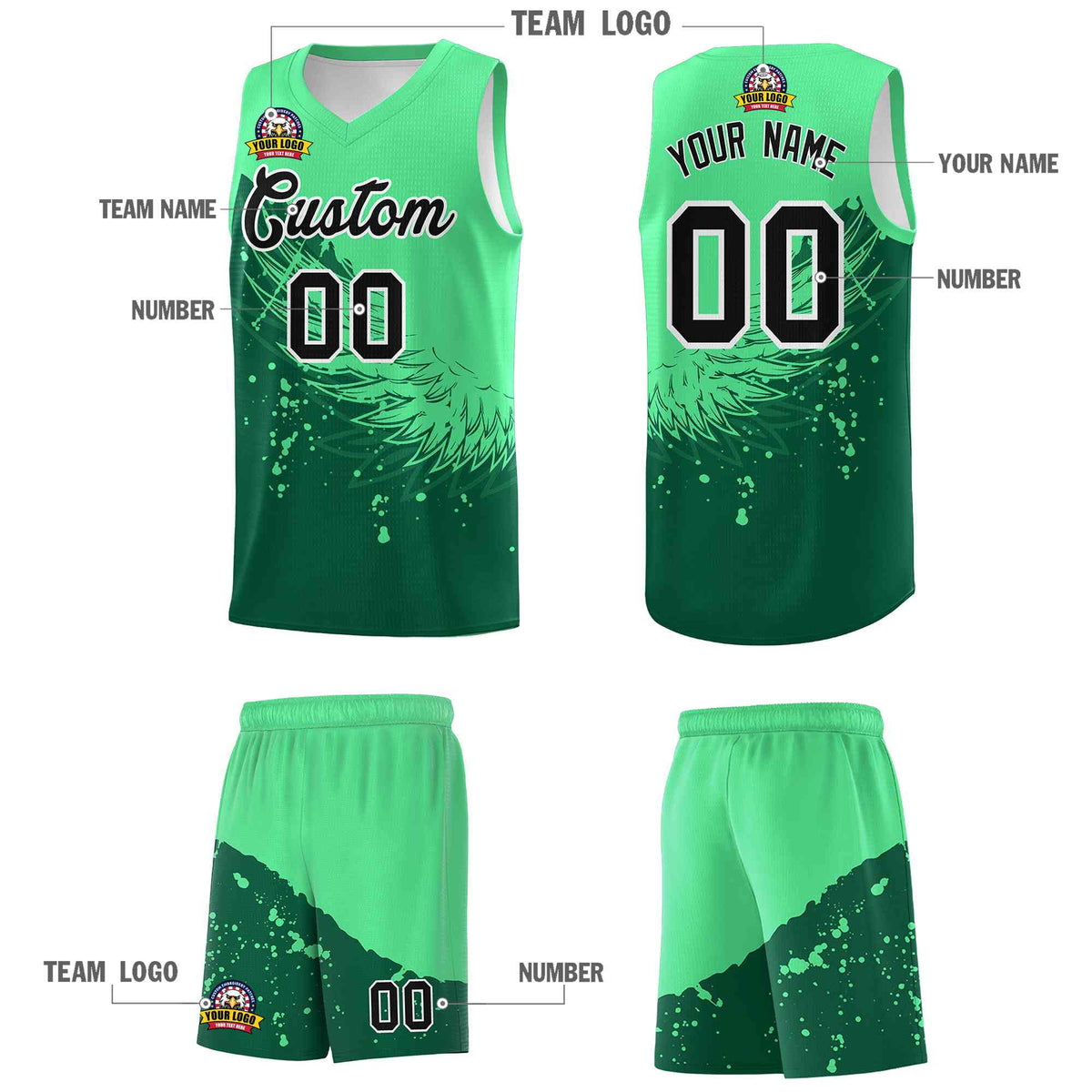 Custom Kelly Green Green Wing Pattern Sports Uniform Basketball Jersey