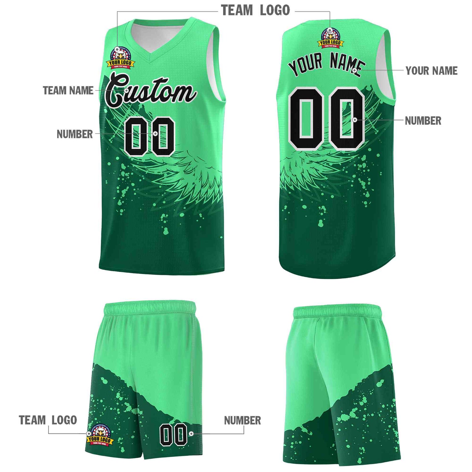 Custom Kelly Green Green Wing Pattern Sports Uniform Basketball Jersey
