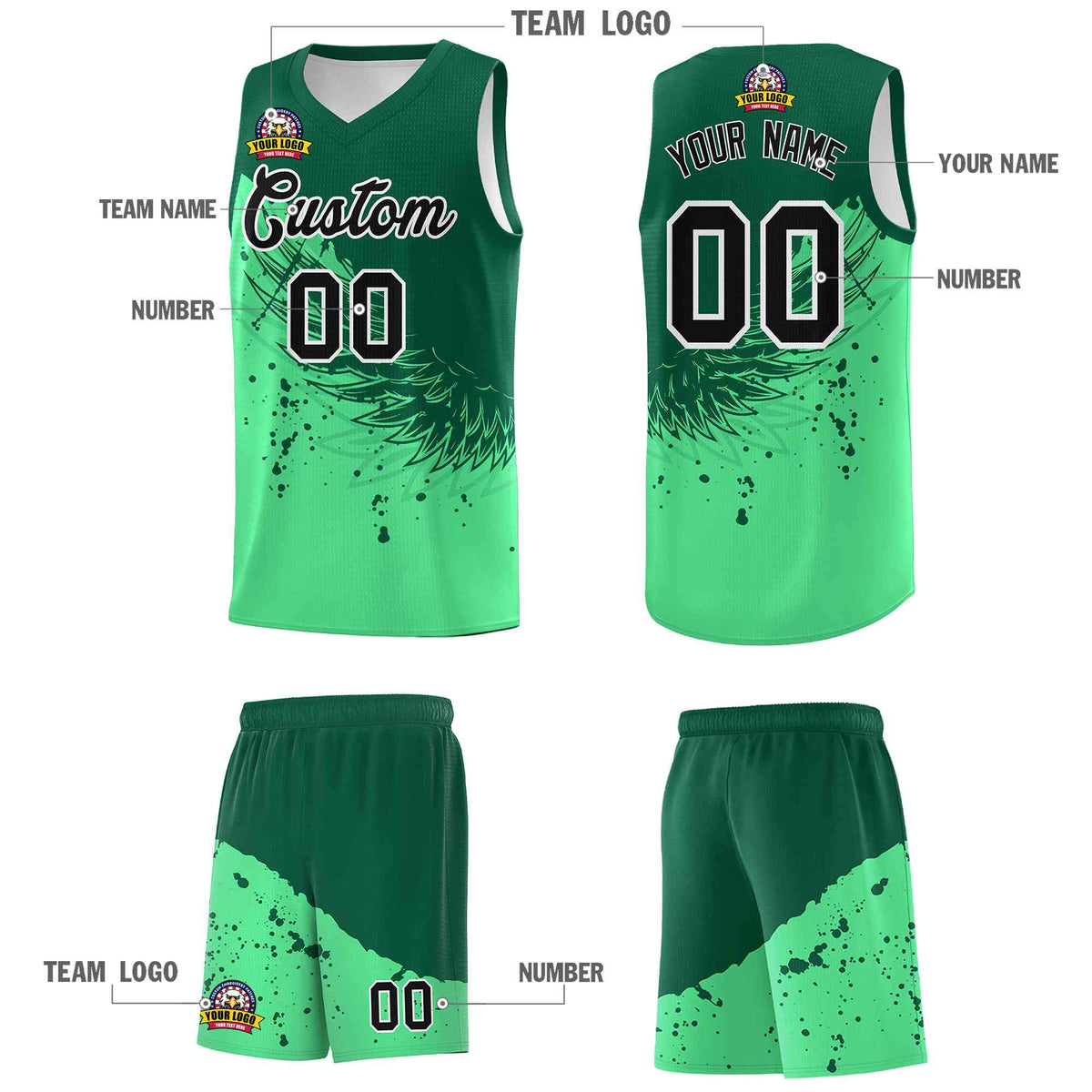 Custom Green Kelly Green Wing Pattern Sports Uniform Basketball Jersey