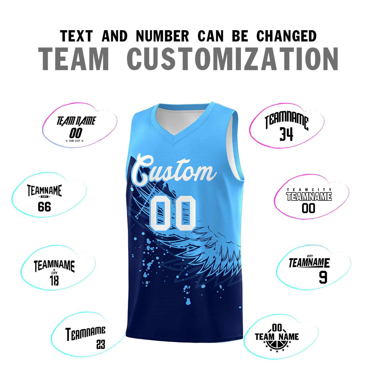 Custom Navy Powder Blue Wing Pattern Sports Uniform Basketball Jersey