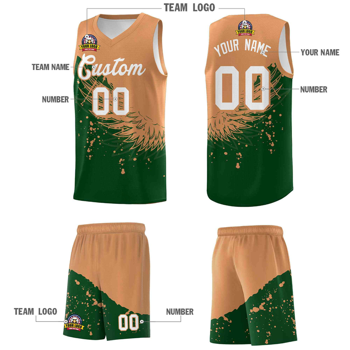 Custom Green Buckskin Brown Wing Pattern Sports Uniform Basketball Jersey