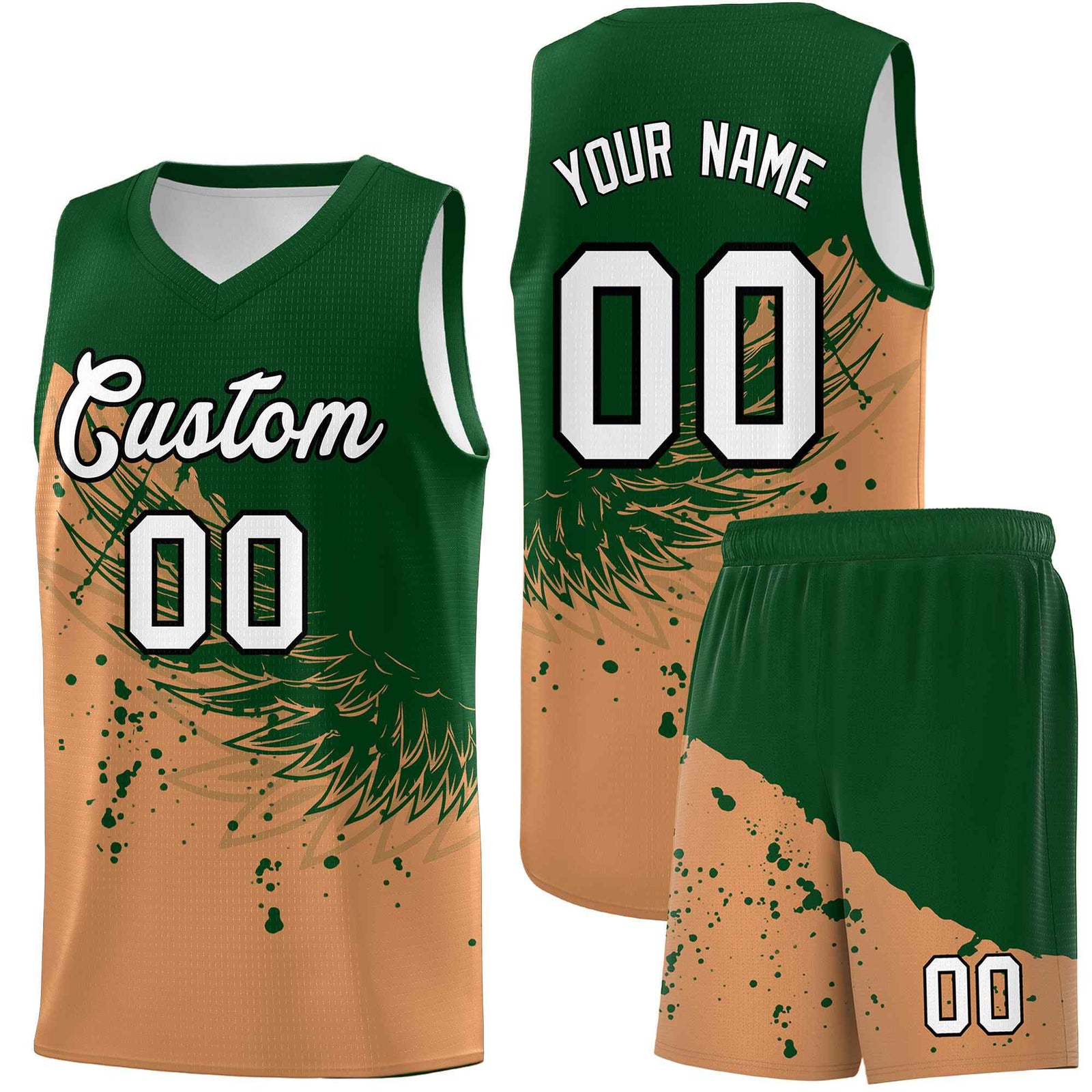 Custom Buckskin Brown Green Wing Pattern Sports Uniform Basketball Jersey