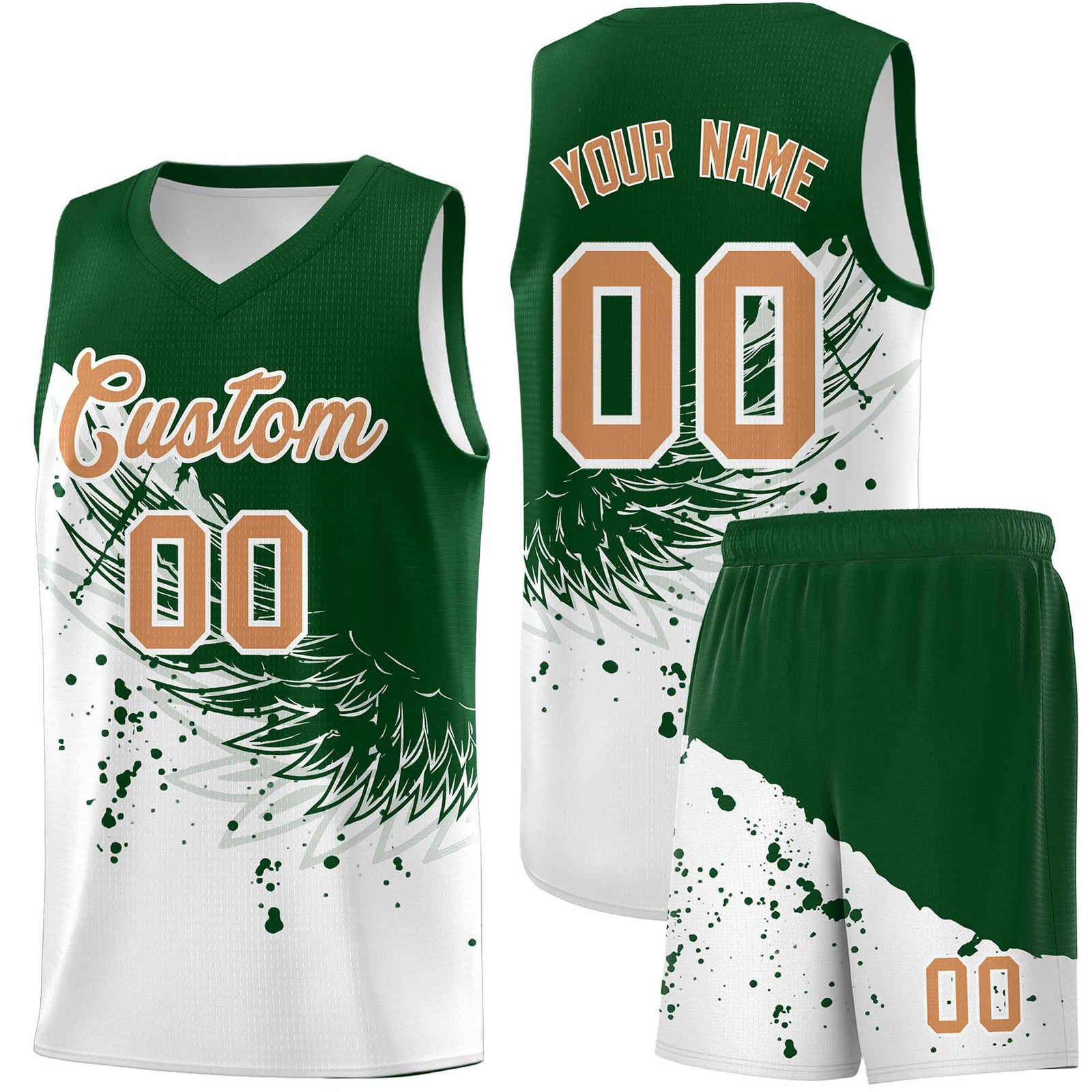 Custom White Green Wing Pattern Sports Uniform Basketball Jersey