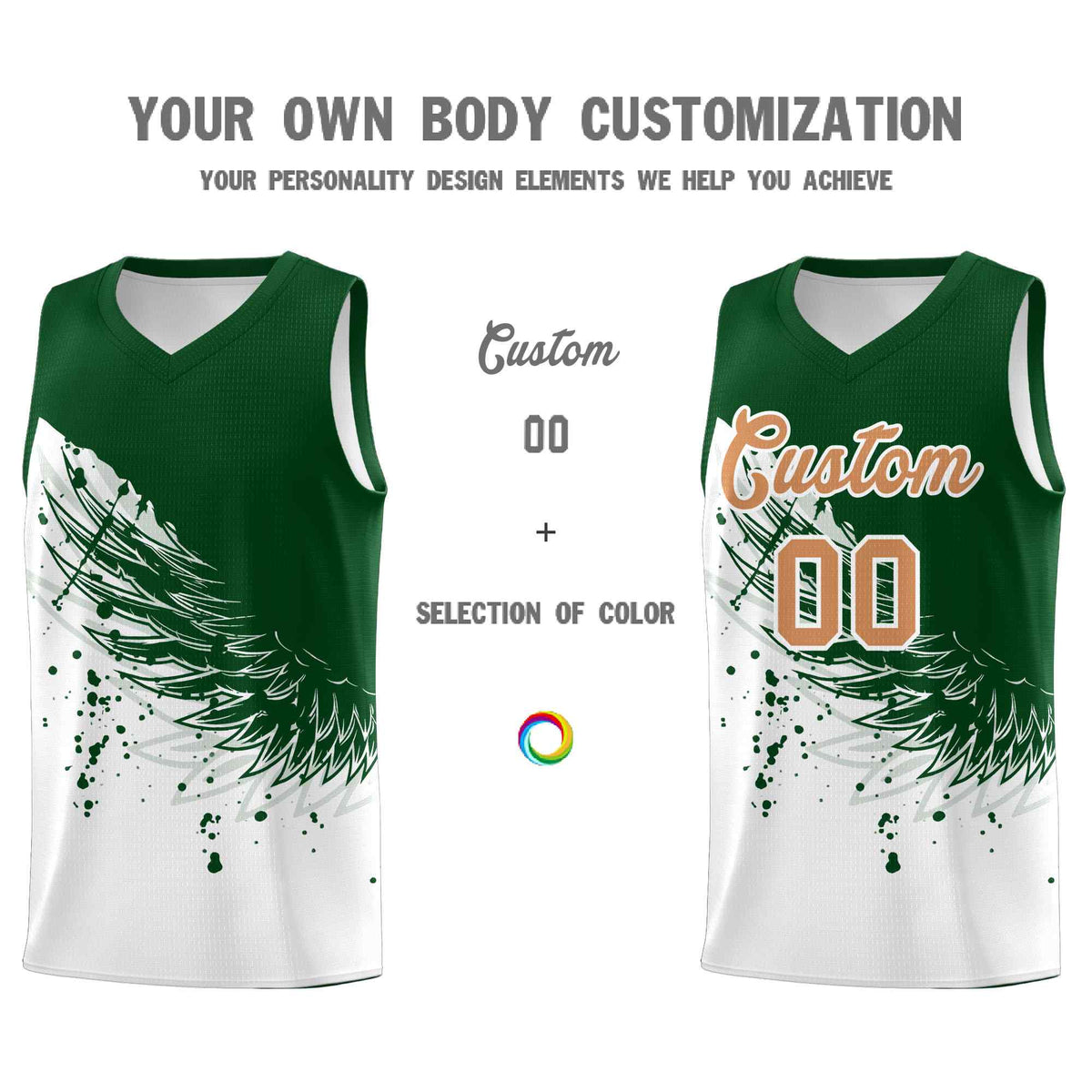 Custom White Green Wing Pattern Sports Uniform Basketball Jersey