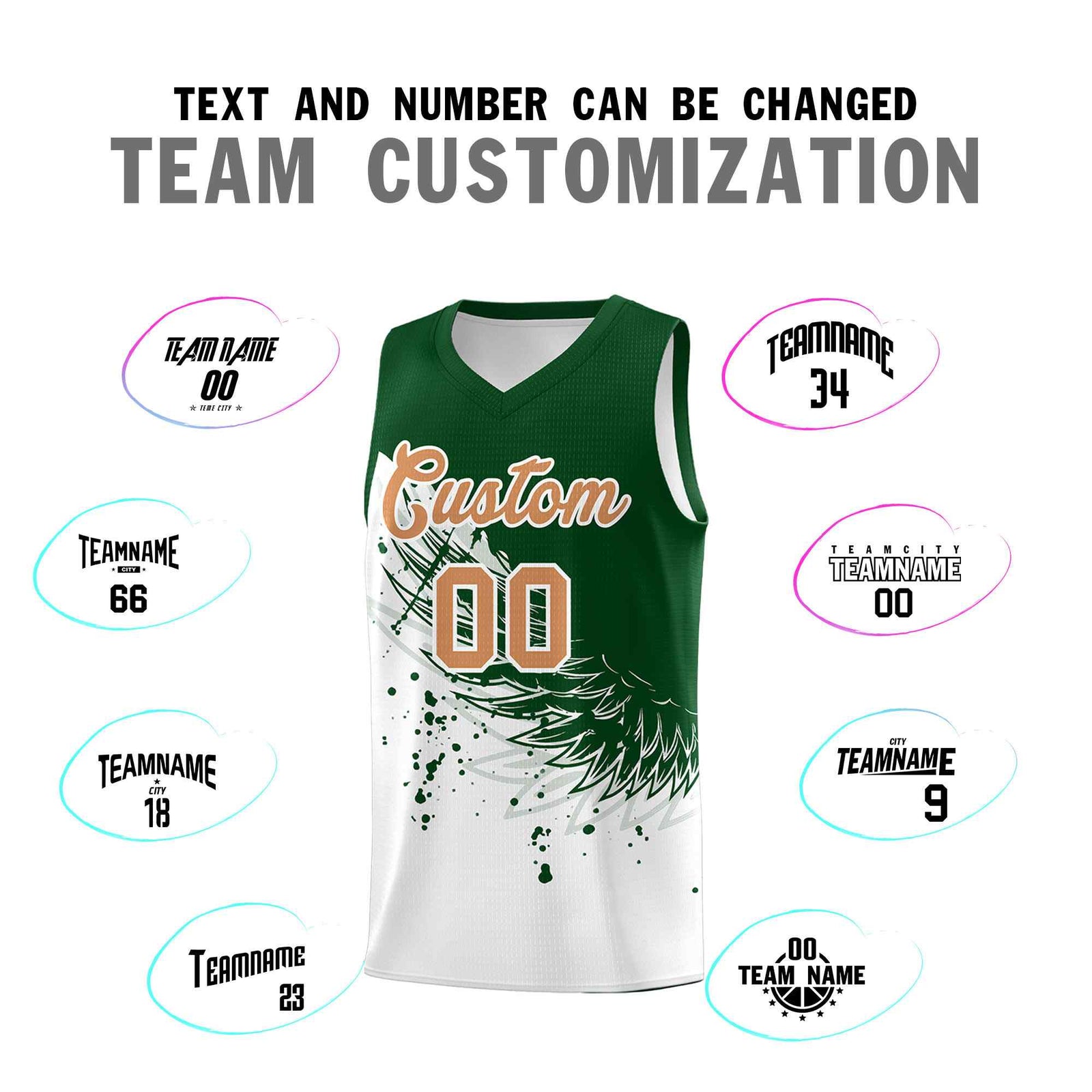 Custom White Green Wing Pattern Sports Uniform Basketball Jersey