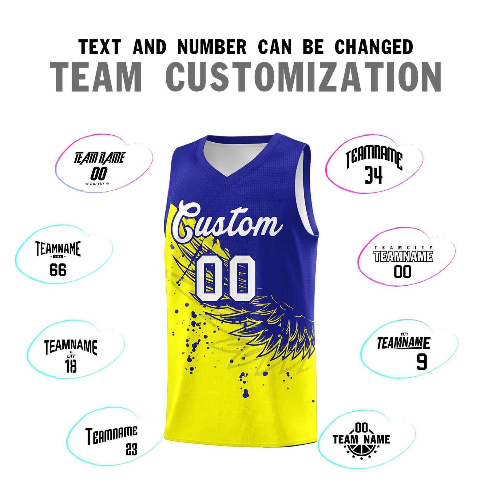 Custom Fluorescent Yellow Royal Wing Pattern Sports Uniform Basketball Jersey