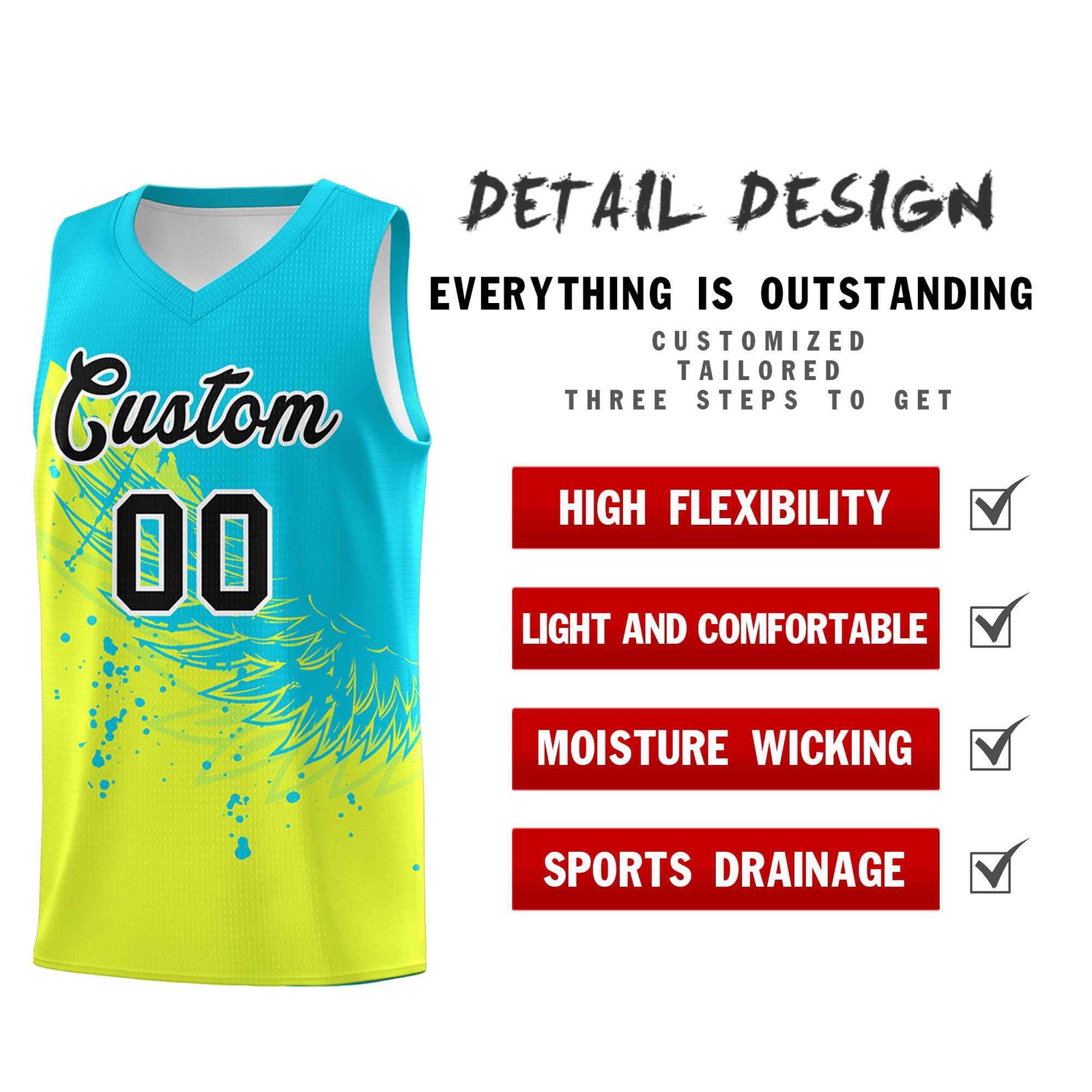Custom Fluorescent Green Sky Blue Wing Pattern Sports Uniform Basketball Jersey