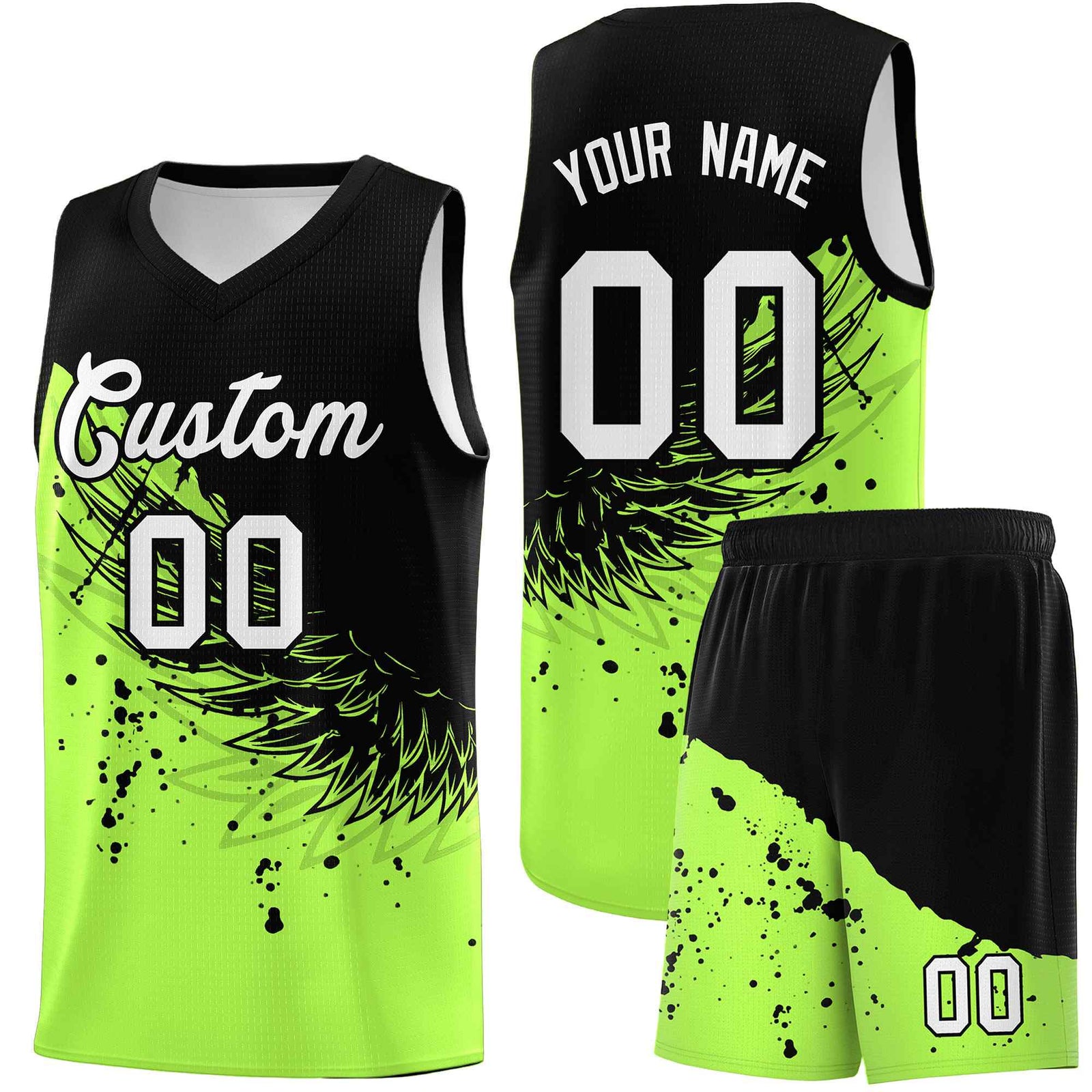 Custom Fluorescent Green Black Wing Pattern Sports Uniform Basketball Jersey