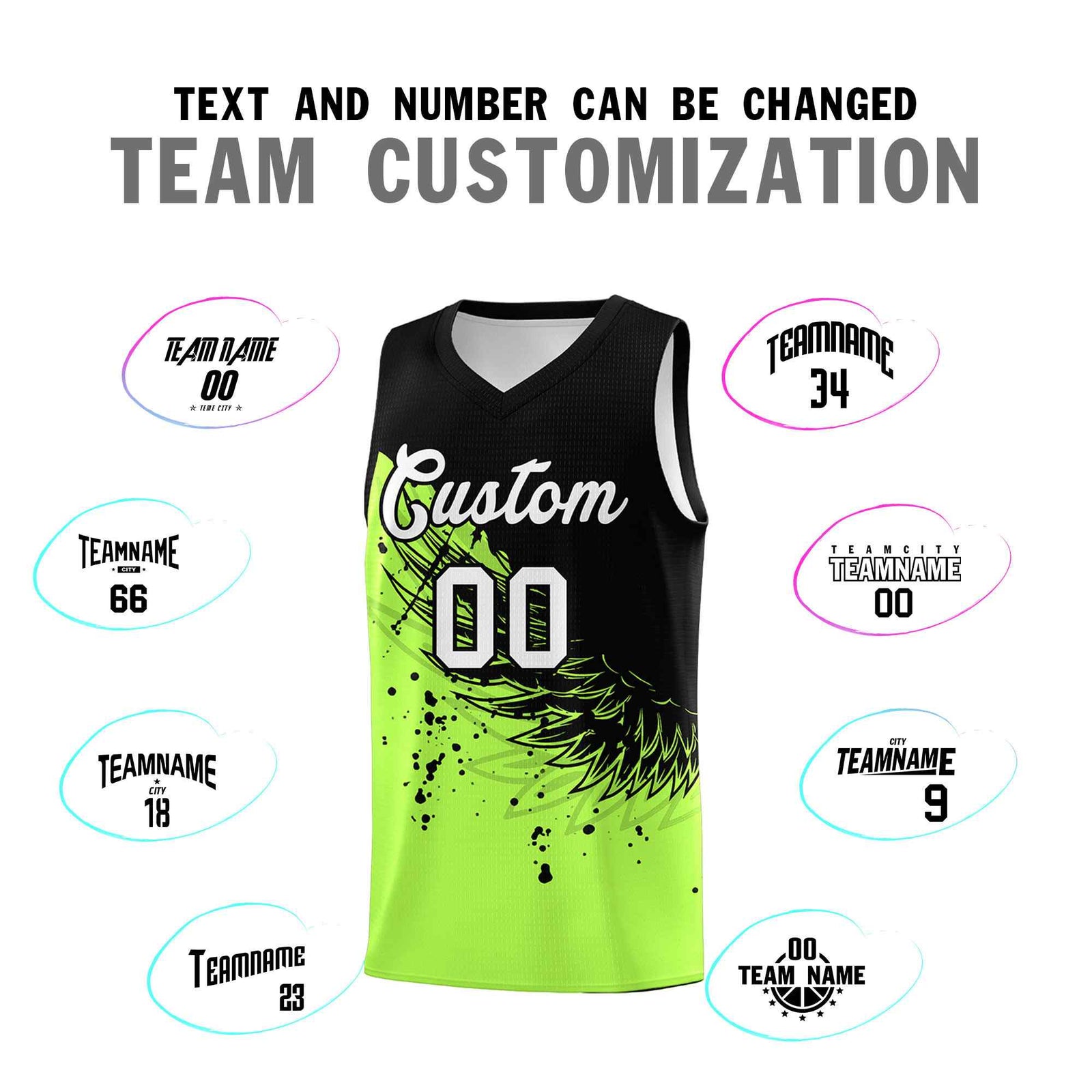 Custom Fluorescent Green Black Wing Pattern Sports Uniform Basketball Jersey