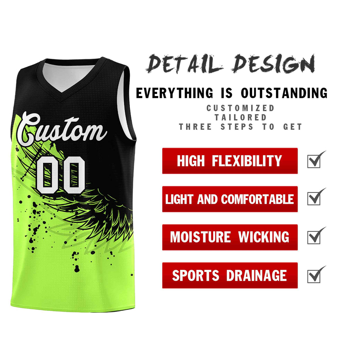 Custom Fluorescent Green Black Wing Pattern Sports Uniform Basketball Jersey