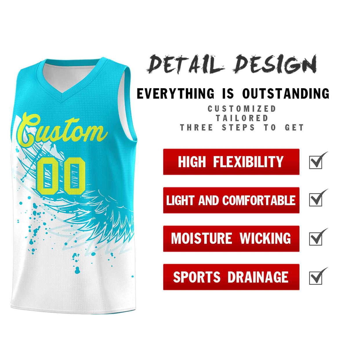 Custom White Sky Blue Wing Pattern Sports Uniform Basketball Jersey