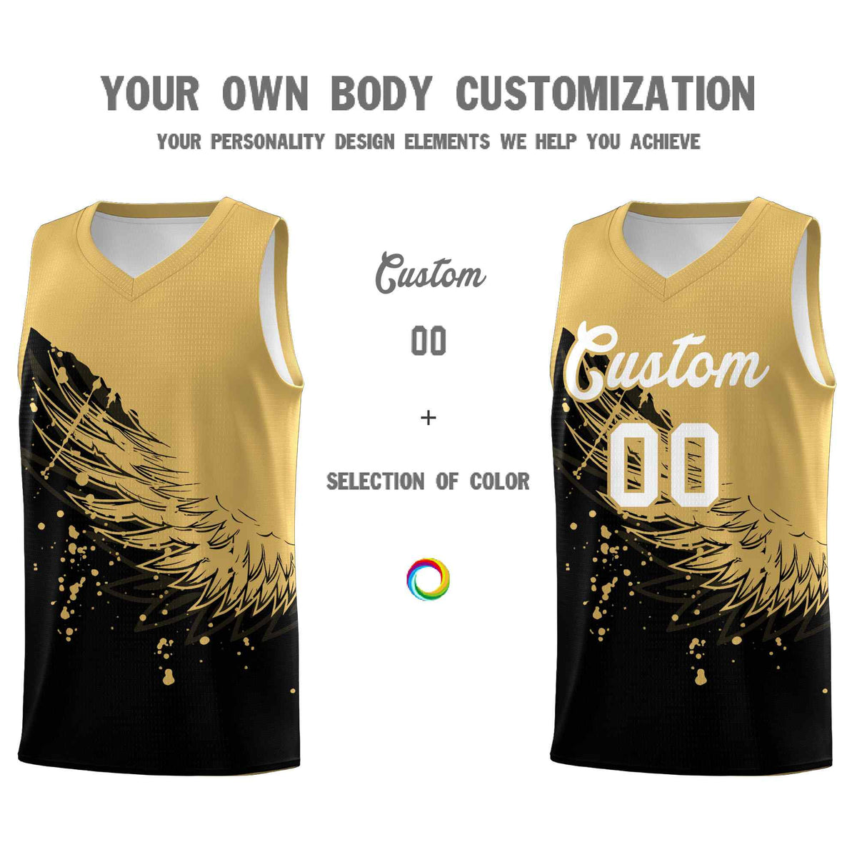Custom Black Old Gold Wing Pattern Sports Uniform Basketball Jersey
