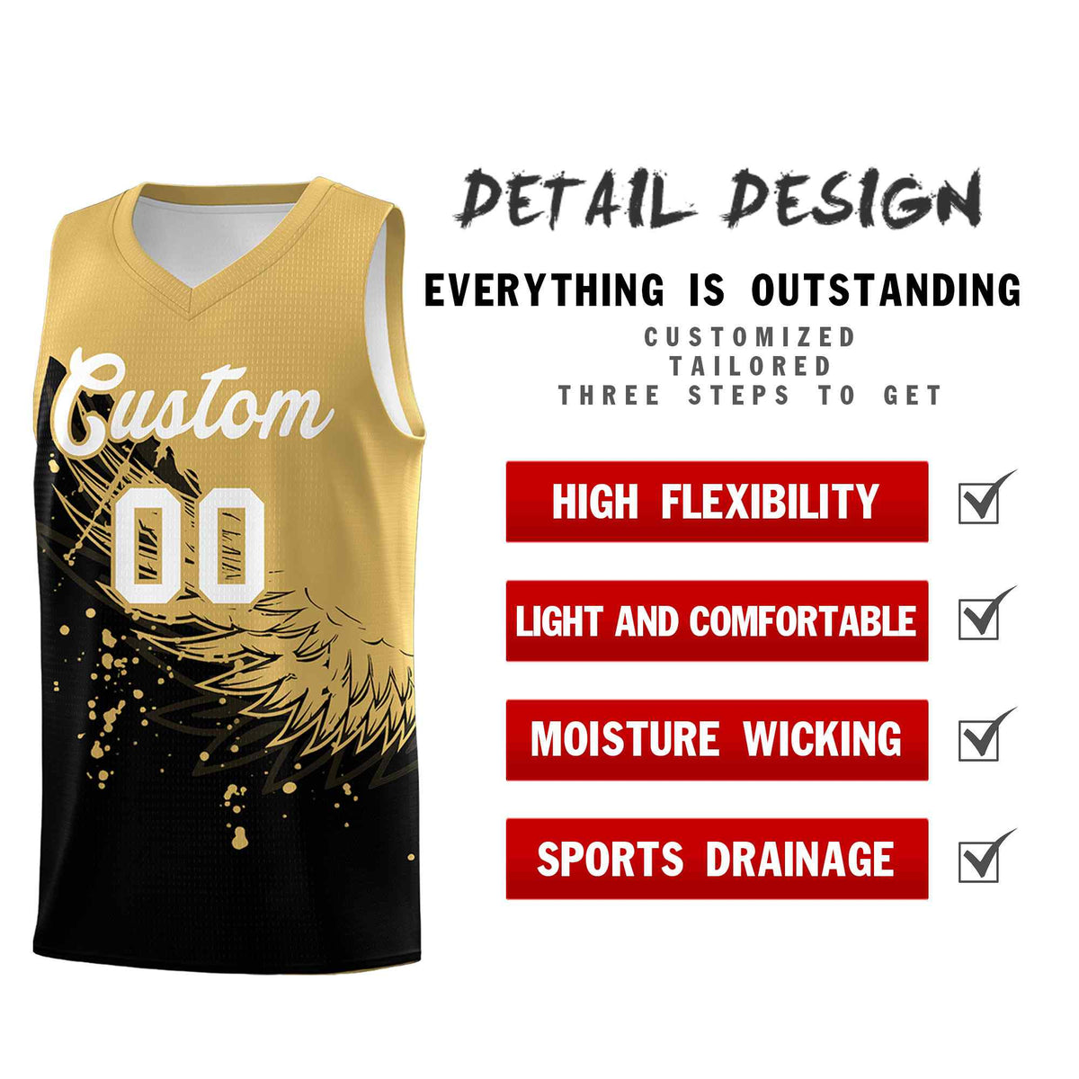 Custom Black Old Gold Wing Pattern Sports Uniform Basketball Jersey