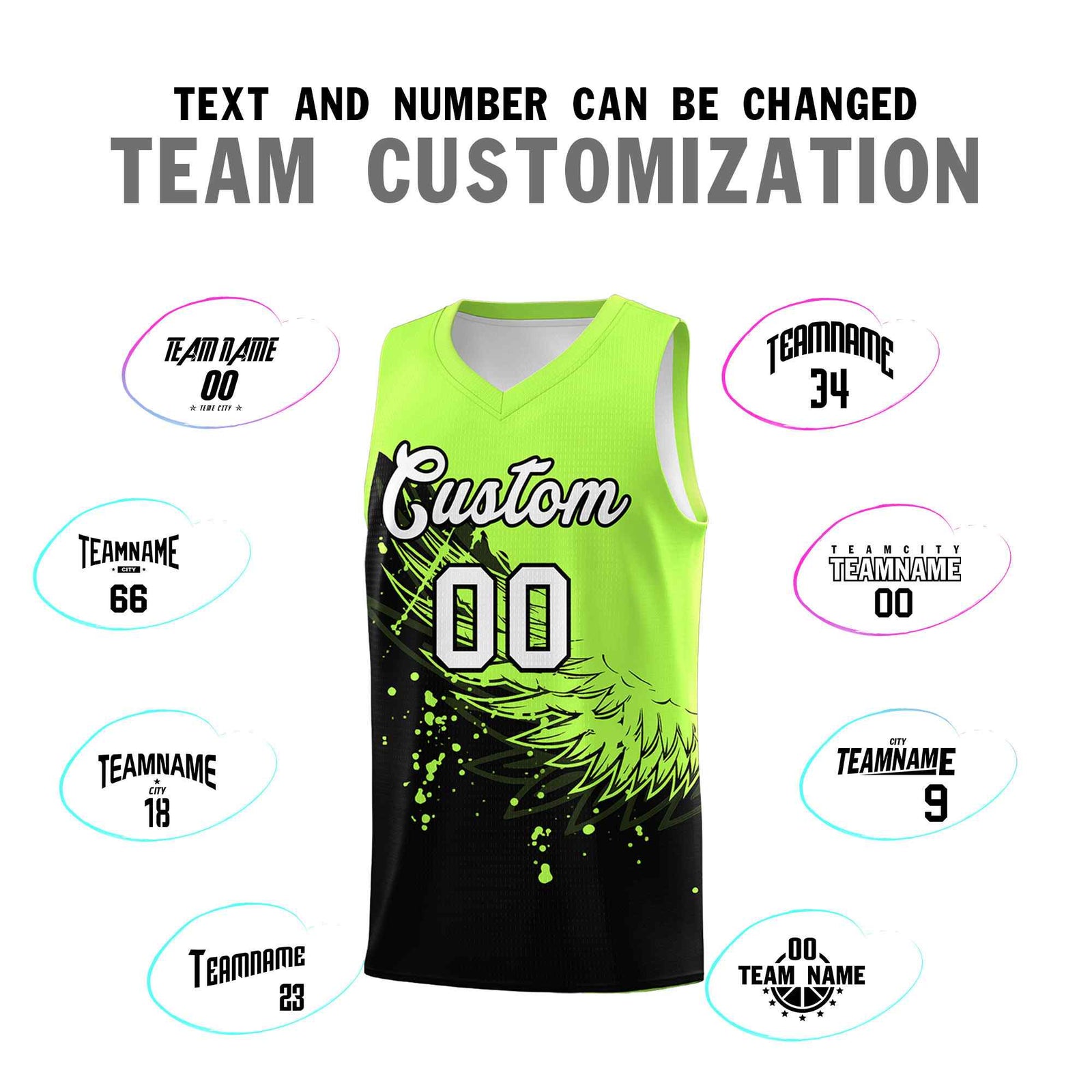 Custom Black Fluorescent Green Wing Pattern Sports Uniform Basketball Jersey