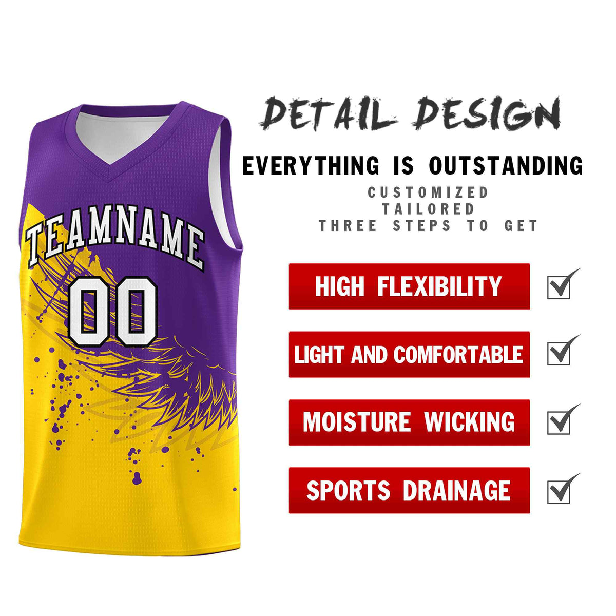 Custom Gold Purple Wing Pattern Sports Uniform Basketball Jersey