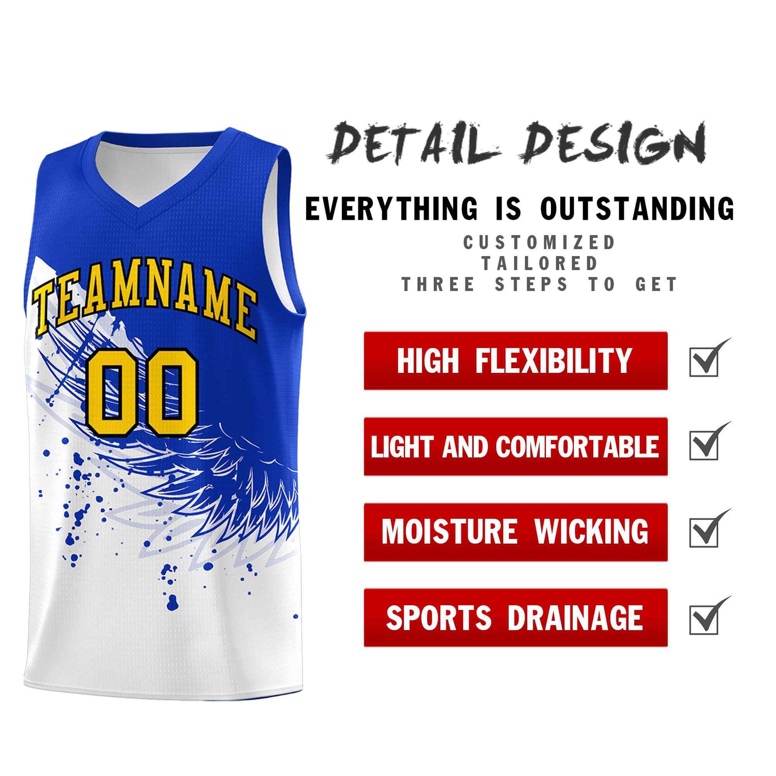 Custom White Royal Wing Pattern Sports Uniform Basketball Jersey