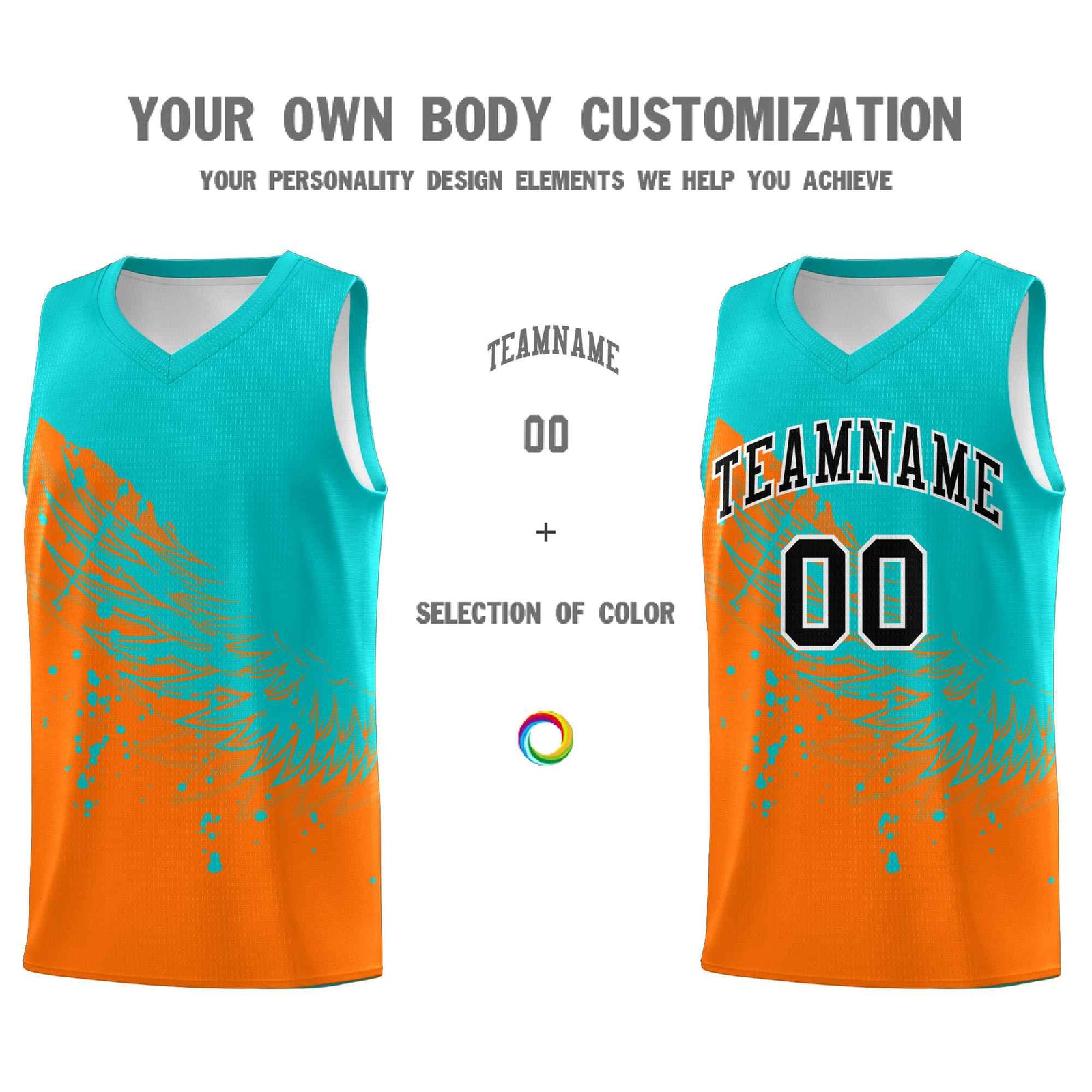 Custom Orange Aqua Wing Pattern Sports Uniform Basketball Jersey