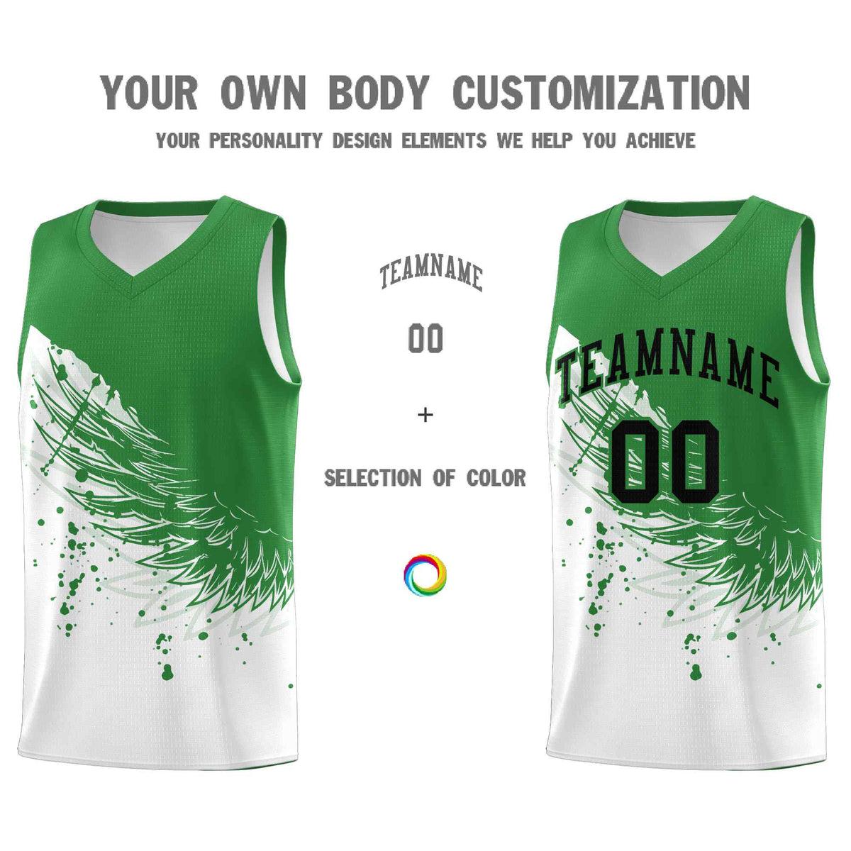 Custom White Kelly Green Wing Pattern Sports Uniform Basketball Jersey