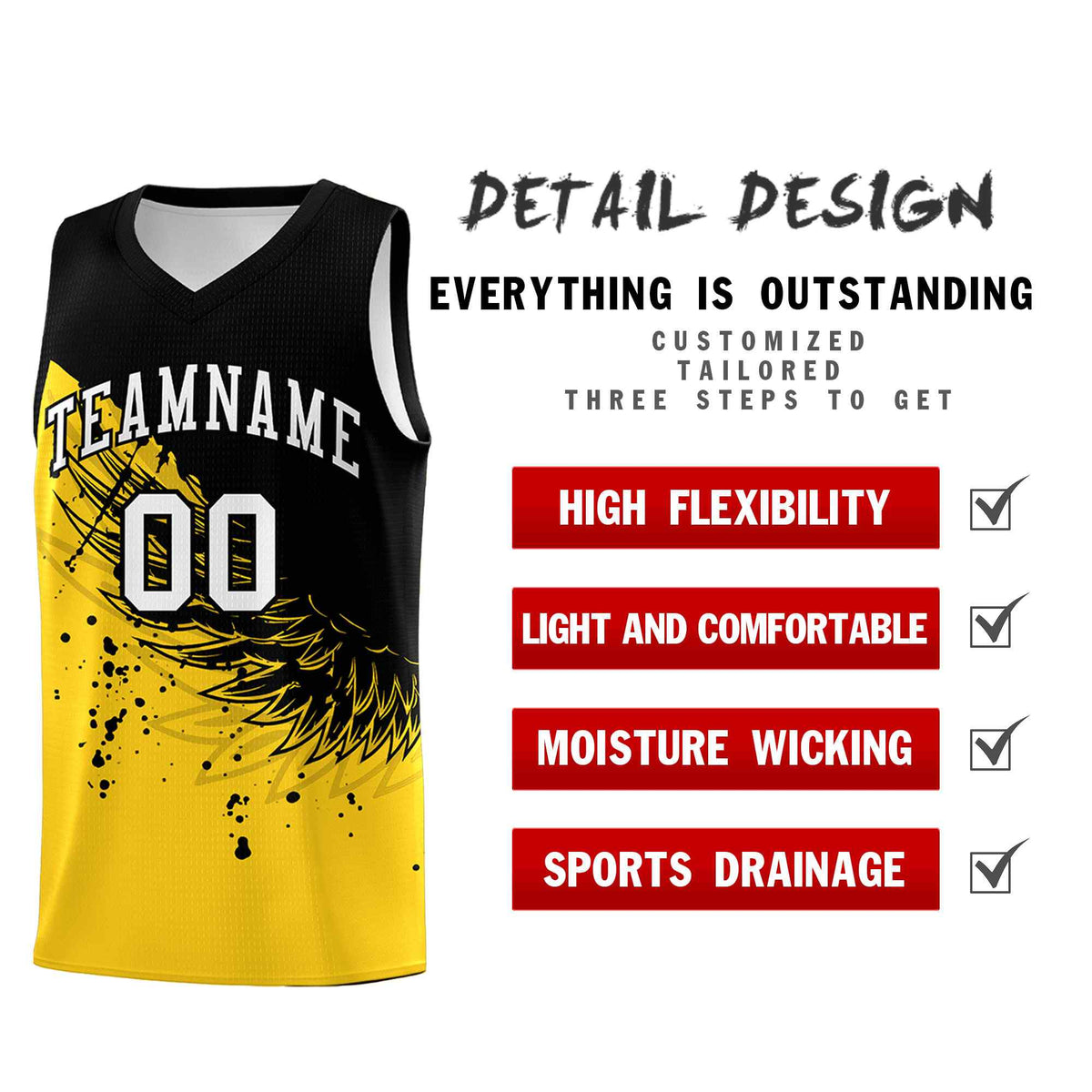 Custom Gold Black Wing Pattern Sports Uniform Basketball Jersey