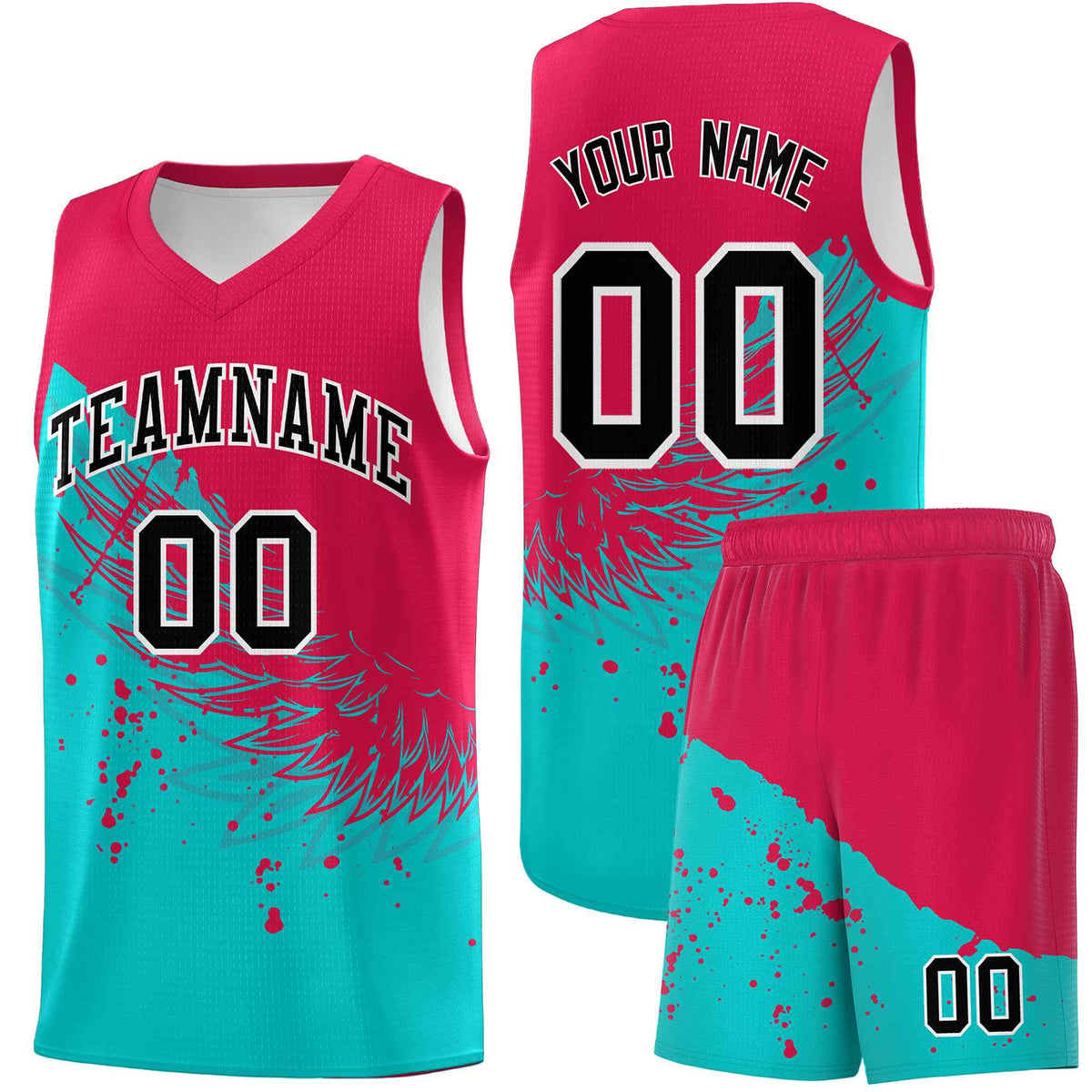 Custom Aqua Red Wing Pattern Sports Uniform Basketball Jersey