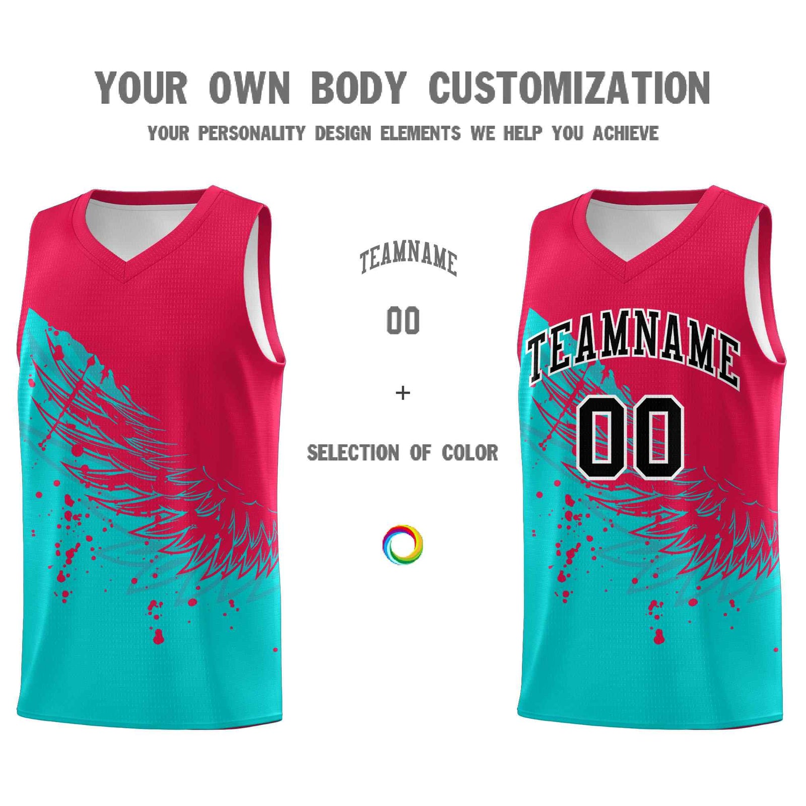 Custom Aqua Red Wing Pattern Sports Uniform Basketball Jersey
