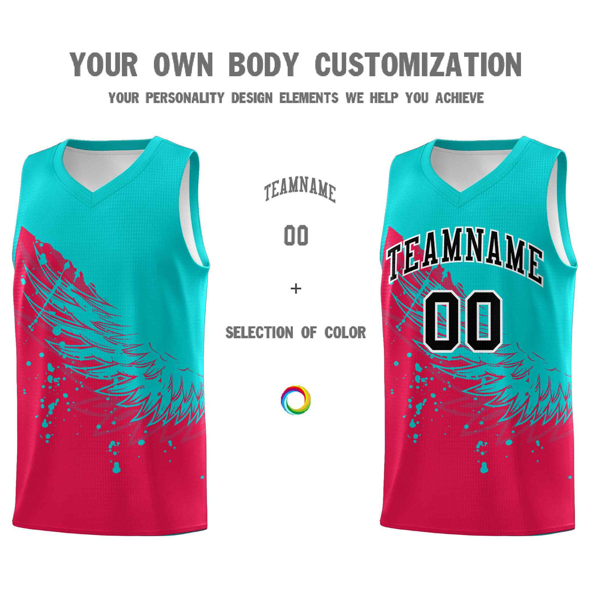 Custom Red Aqua Wing Pattern Sports Uniform Basketball Jersey