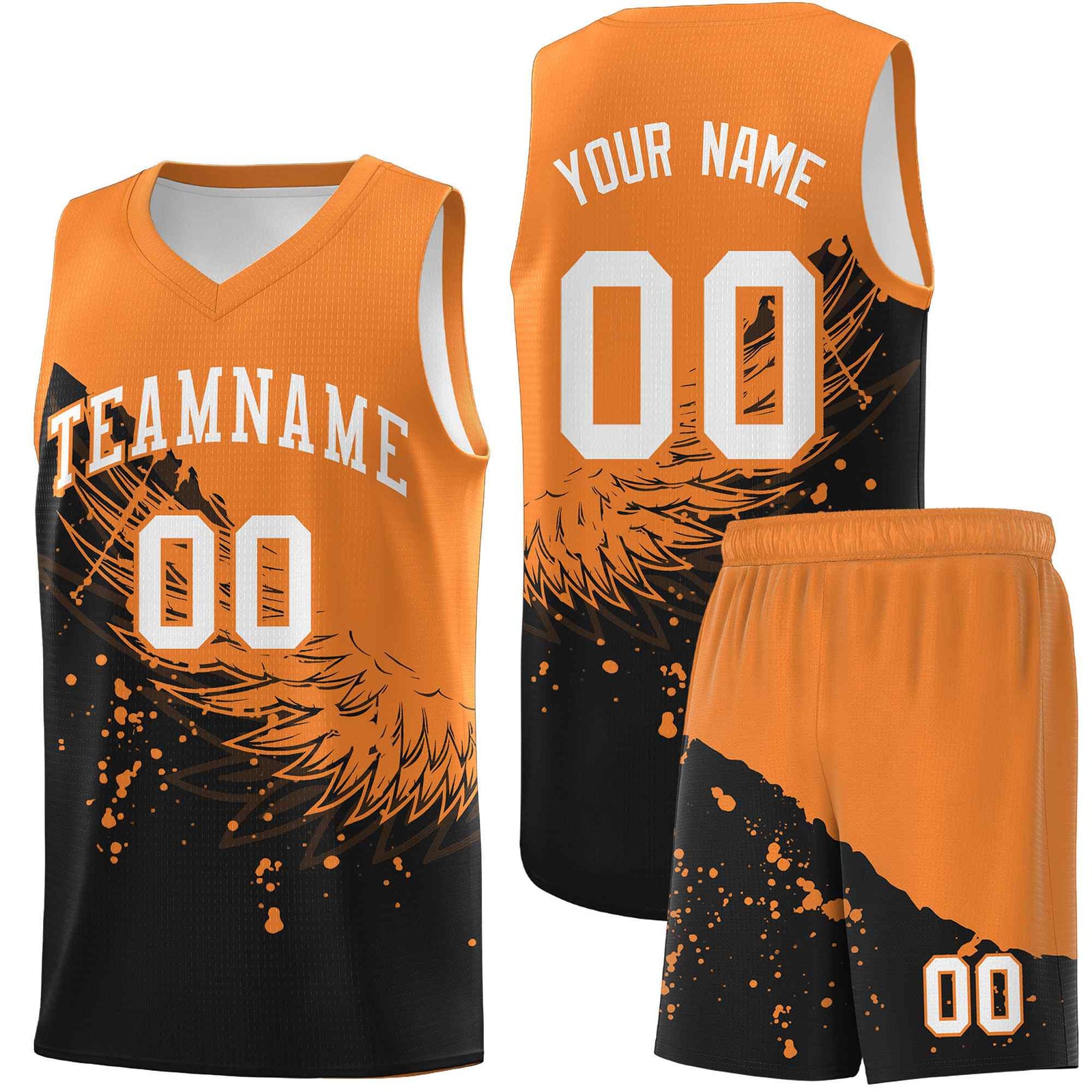 Custom Black Gold Orange Wing Pattern Sports Uniform Basketball Jersey