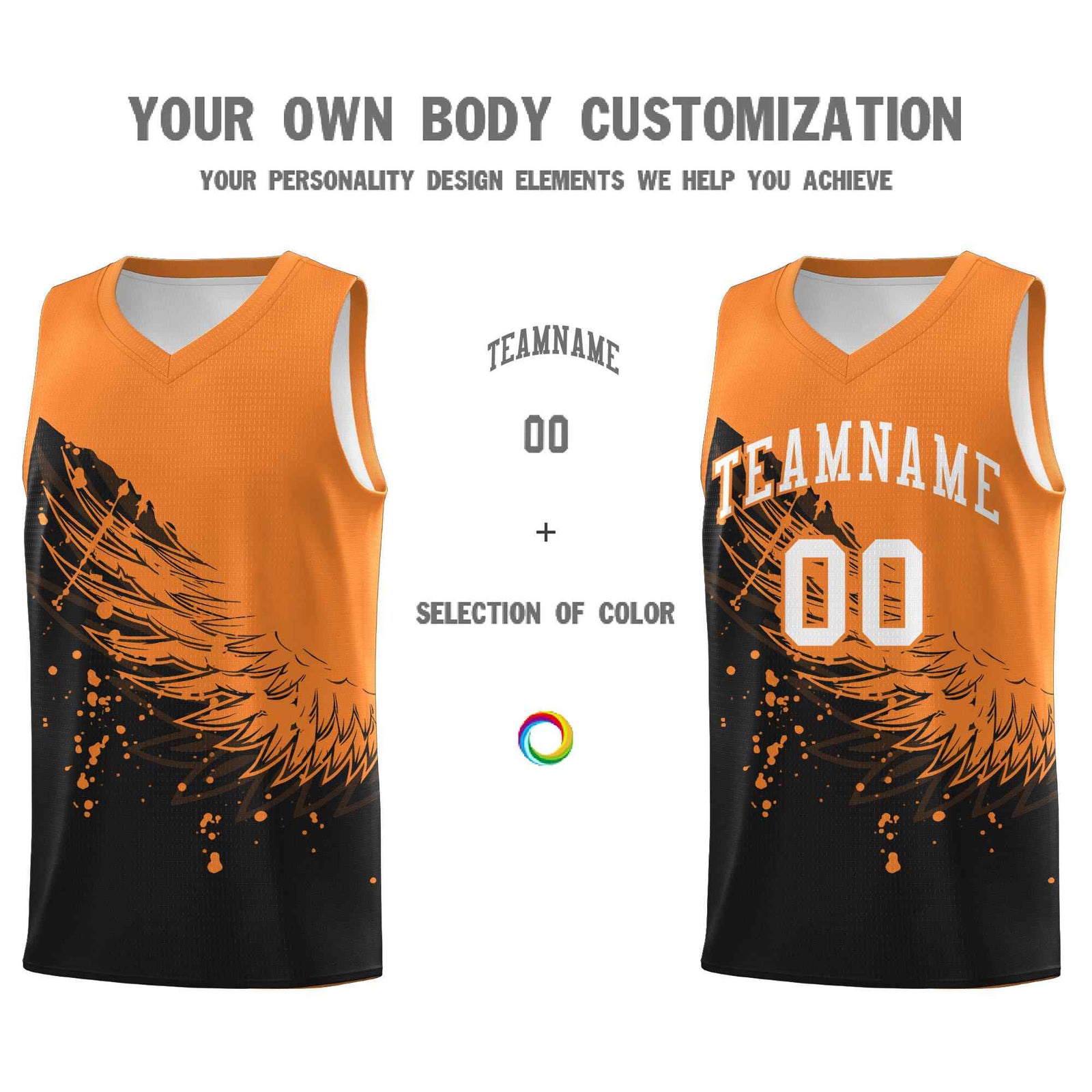 Custom Black Gold Orange Wing Pattern Sports Uniform Basketball Jersey