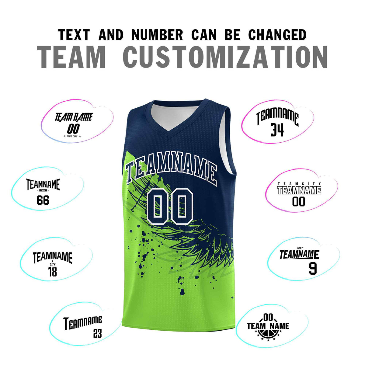 Custom Fluorescent Green Navy Wing Pattern Sports Uniform Basketball Jersey
