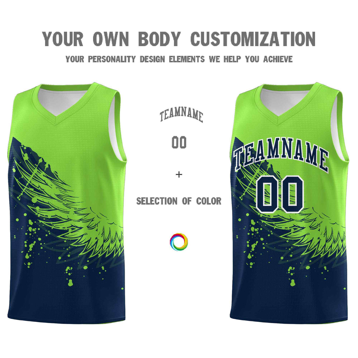 Custom Navy Fluorescent Green Wing Pattern Sports Uniform Basketball Jersey