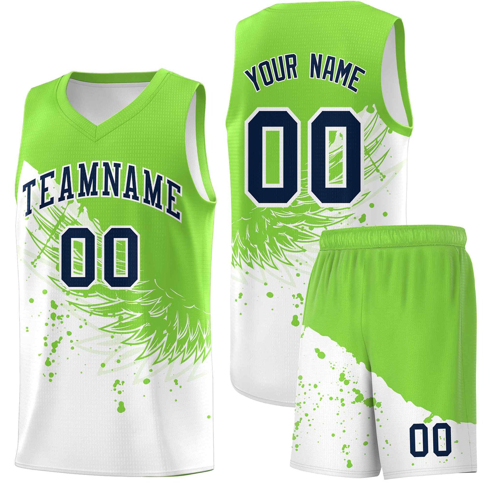 Custom White Fluorescent Green Wing Pattern Sports Uniform Basketball Jersey