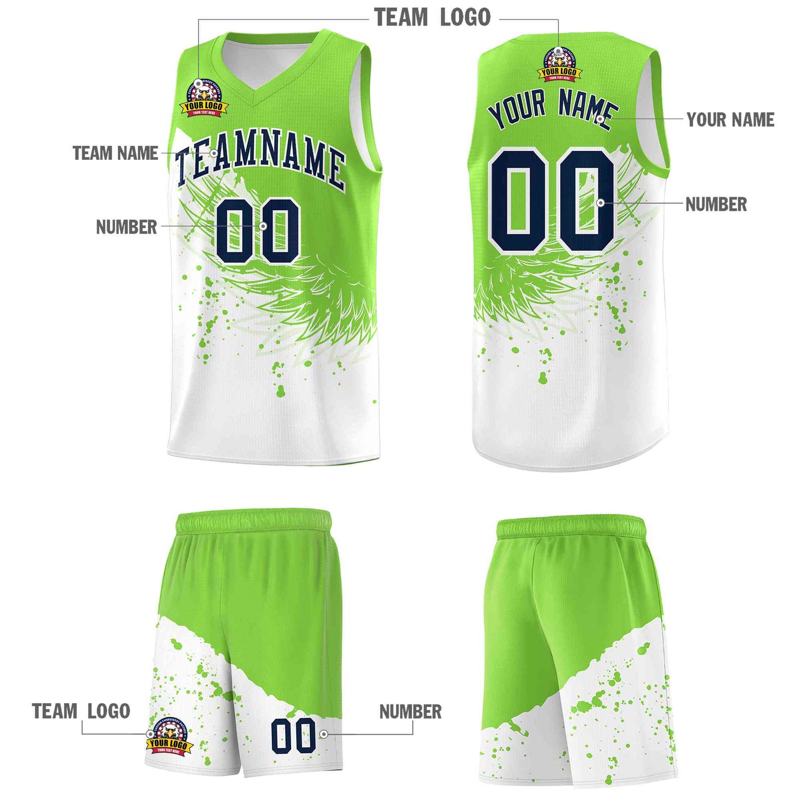 Custom White Fluorescent Green Wing Pattern Sports Uniform Basketball Jersey