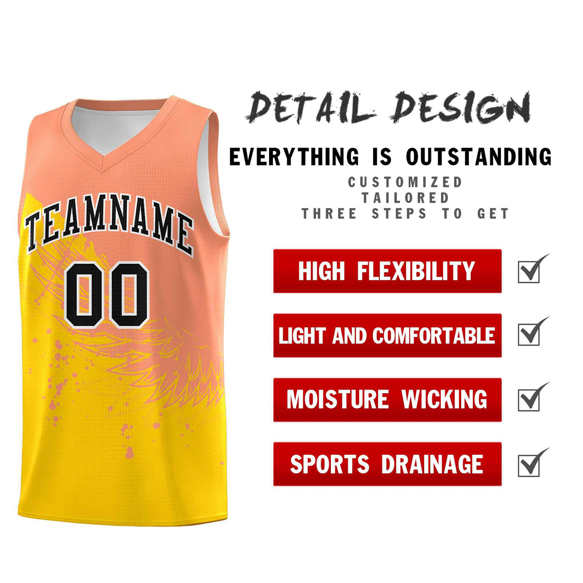 Custom Gold Light Orange Wing Pattern Sports Uniform Basketball Jersey