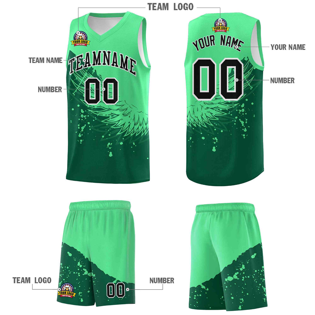 Custom Kelly Green Green Wing Pattern Sports Uniform Basketball Jersey