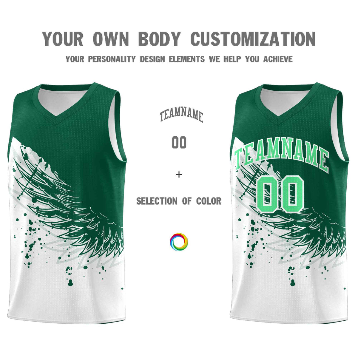 Custom White Kelly Green Wing Pattern Sports Uniform Basketball Jersey