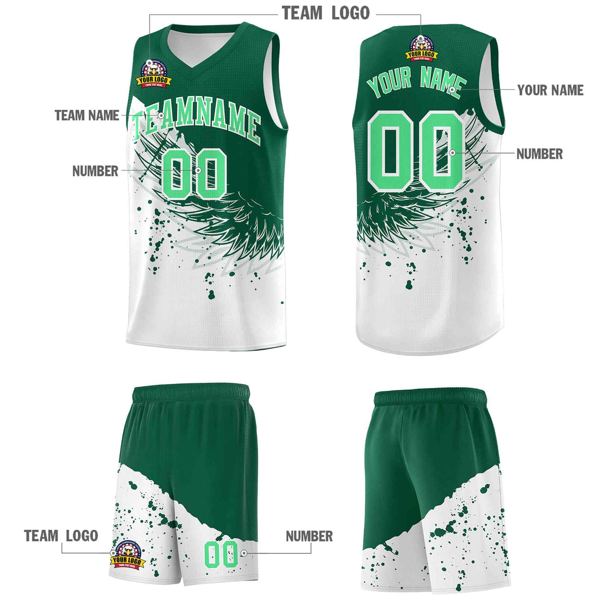 Custom White Kelly Green Wing Pattern Sports Uniform Basketball Jersey