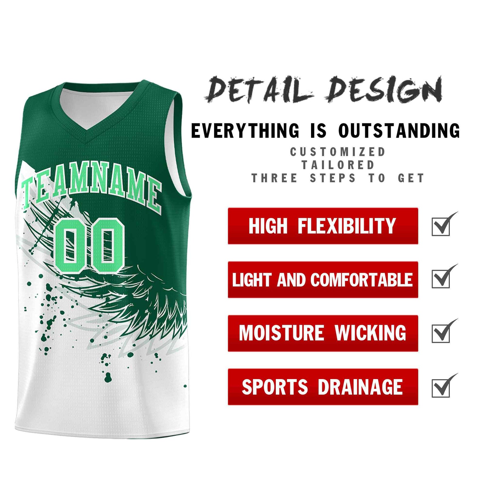Custom White Kelly Green Wing Pattern Sports Uniform Basketball Jersey