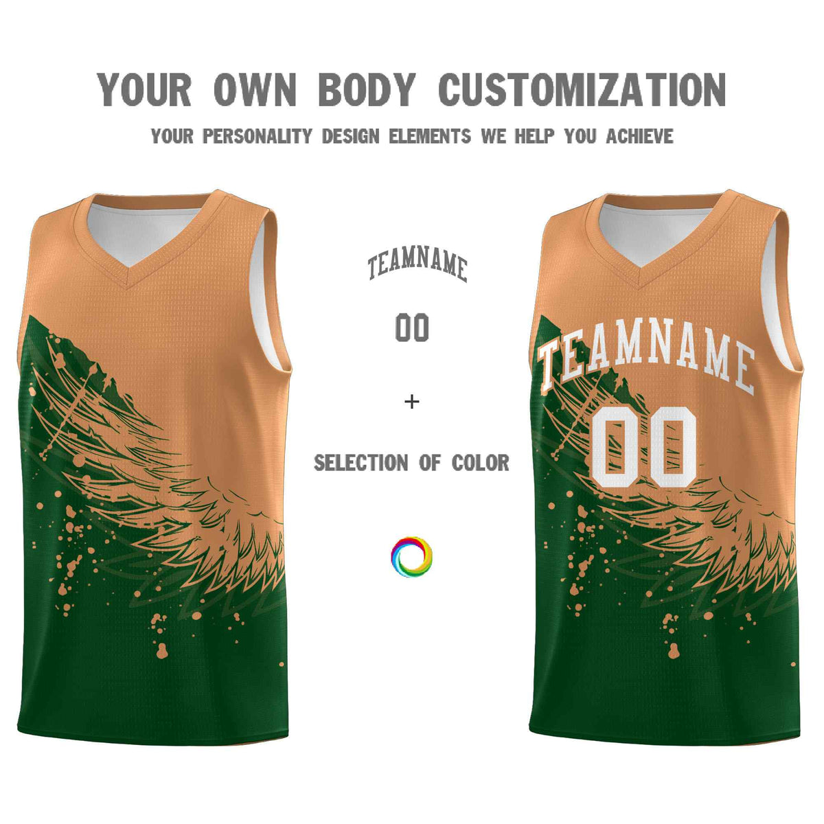 Custom Green Buckskin Brown Wing Pattern Sports Uniform Basketball Jersey