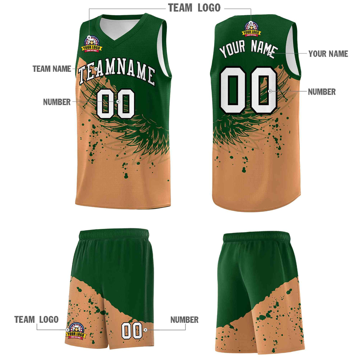 Custom Buckskin Brown Green Wing Pattern Sports Uniform Basketball Jersey