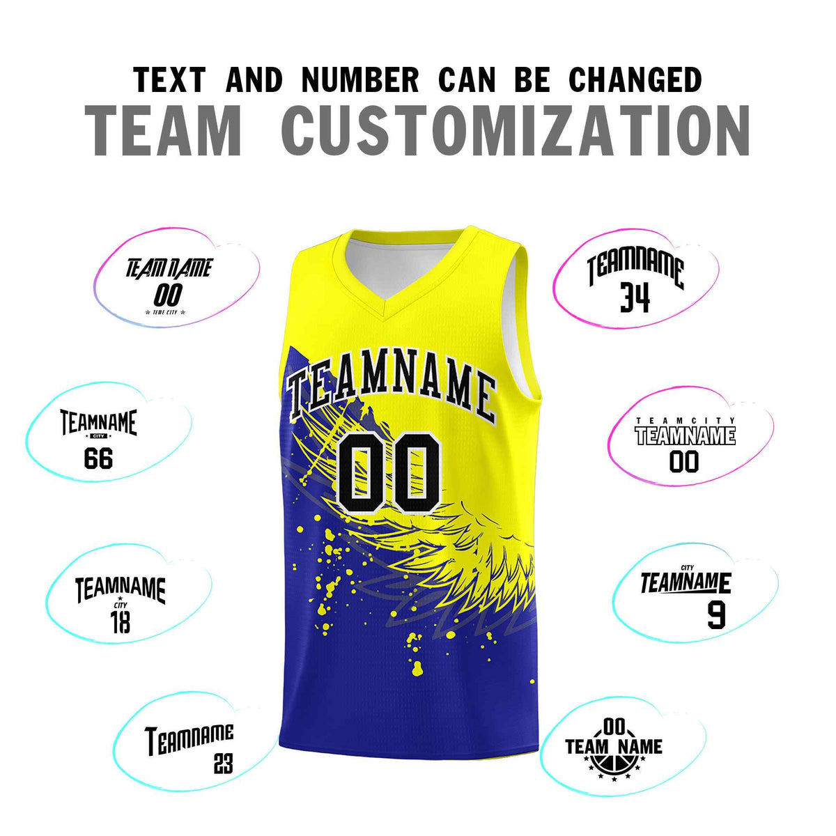 Custom Royal Fluorescent Yellow Wing Pattern Sports Uniform Basketball Jersey